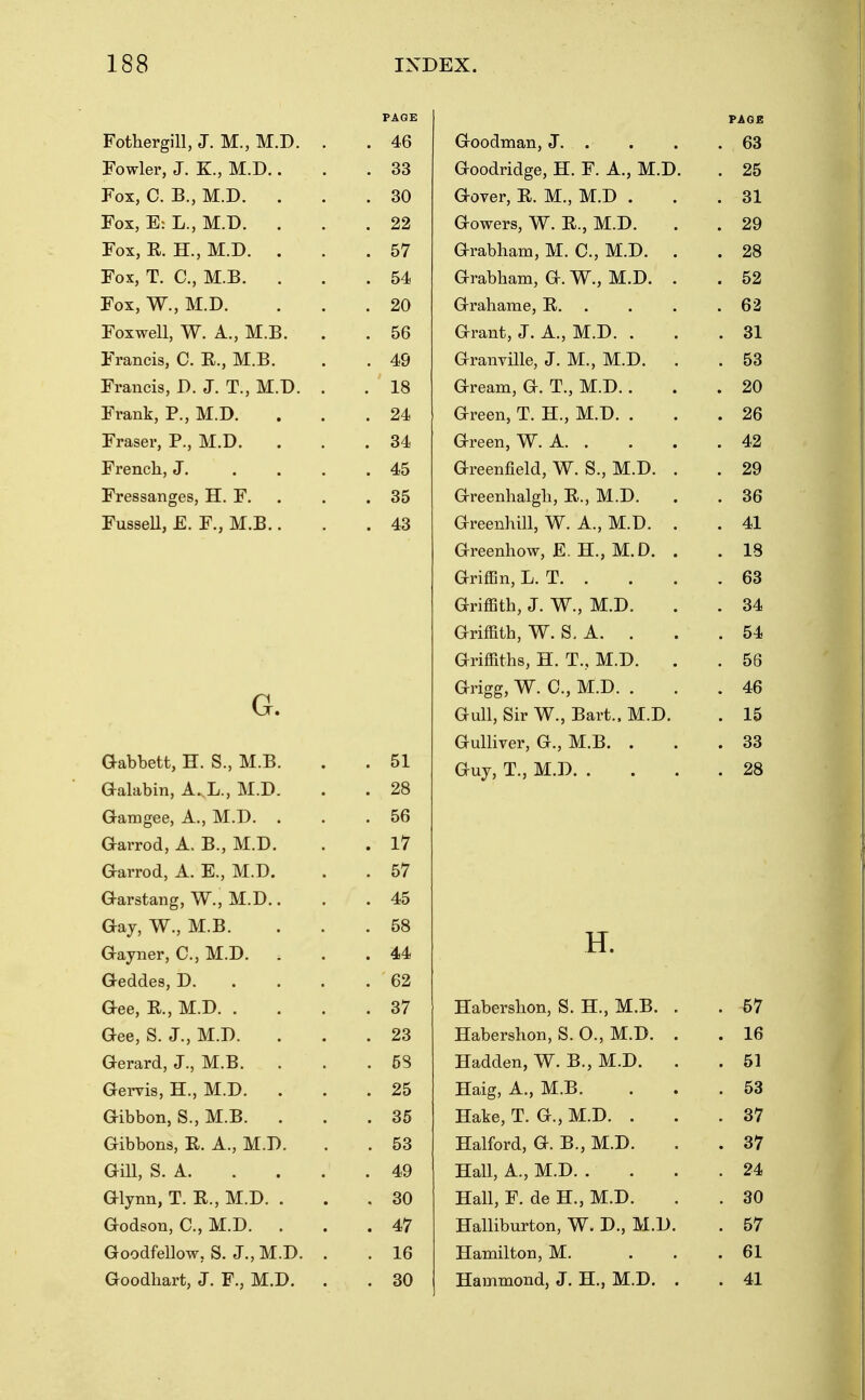 PAGE Fothergill, J. M., M.D. . . 46 Fowler, J. K., M.D.. . 33 Fox, C. B., M.D. . . 30 Fox, E: L., M.D. . . 22 Fox, R. H., M.D. . . 57 Fox, T. C, M.B. . . 54 Fox, W., M.D. . 20 Foxwell, W. A., M.B. . 56 Francis, C. R., M.B. . 49 Francis, D. J. T., M.D. . . 18 Frank, P., M.D. . 24 Eraser, P., M.D. . 34 French, J. . . . . 45 Fressanges, H. F. . . 35 FusseU, E. F., M.B.. . 43 (jr. aabbett, H. S., M.B. . 51 Galabin, A..L., M.D. . 28 Gamgee, A., M.D. . . 56 Garrod, A. B., M.D. . 17 Garrod, A. E., M.D. . 57 Garstang, W., M.D.. . 45 Gaj, W., M.B. . 58 Gayner, C, M.D. , . 44 Geddes, D. . . . . 62 Gee, R, M.D. . . 37 Gee, S. J., M.D. . 23 Gerard, J., M.B. . 58 Gervis, H., M.D. . 25 Gibbon, S., M.B. . . 35 Gibbons, E. A., M.D. . 53 GiU, S. A. . 49 Glynn, T. R., M.D. . . 30 Godson, C, M.D. . . 47 Goodfellow, S. J., M.D. . . 16 Goodliart, J. F., M.D. . . 30 PAGE Goodman, J. . . 63 Goodridge, H. F. A., M.D. . 25 Gover, R. M., M.D . . 31 Gowers, W. R., M.D. . 29 Grabham, M. C, M.D. . . 28 Grabham, G. W., M.D. . . 52 Grahame, R. . . 62 Grant, J. A., M.D. . . 31 Granville, J. M., M.D. . . 53 Gream, G. T., M.D.. . 20 Green, T. H., M.D. . . 26 Green, W. A. . . 42 Greenfield, W. S., M.D. . . 29 Greenhalgb, R., M.D. . 36 Greenhill, W. A., M.D. . . 41 Greenhow, E. H., M.D. . . IS Griffin, L.T. . . 63 Griffith, J. W., M.D. . 34 Griffith, W. S. A. . . 54 Griffiths, H. T., M.D. . . 56 Grigg, W. C, M.D. . . 46 Gull, Sir W., Bart.. M.D. . 15 Gulliver G MB 33 Guy, T., M.D. . . 28 ■I T H. Habershon, S. H., M.B. . . 57 Habershon, S. 0., M.D. . . 16 Hadden, W. B., M.D. . . 51 Haig, A., M.B. . 53 Hake, T. G., M.D. . . 37 Halford, G. B., M.D. . 37 Hall, A., M.D. . . 24 Hall, F. de H., M.D. . 30 Halliburton, W. D., M.D. . 57 Hamilton, M. . 61 Hammond, J. H., M.D. . . 41