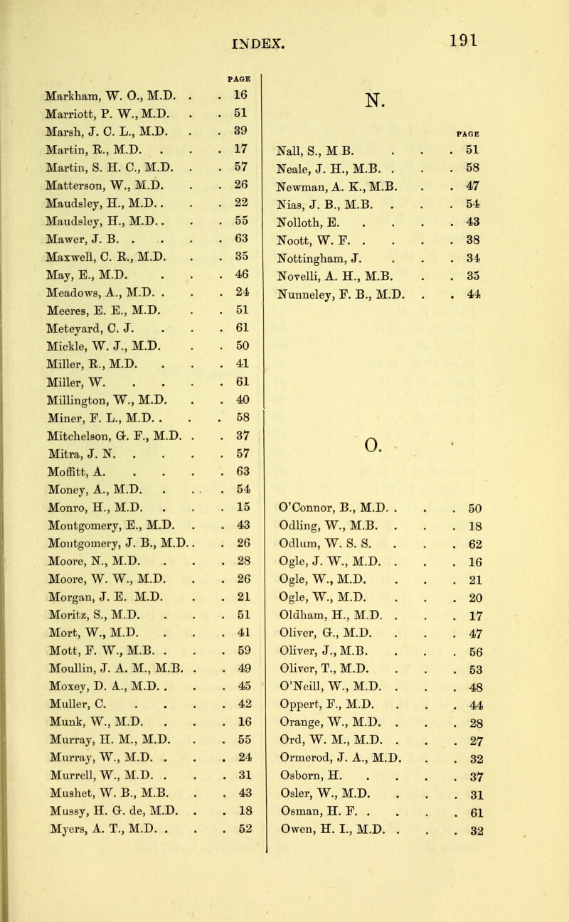 PAGE Markham, W. 0., M.D. . . 16 N. Marriott, P. W., M.D. . . 51 Marsh, J. 0. L., M.D. . . 39 PAGE Martin, R., M.D. . . 17 Nail, S., M B. . 51 Martin, S. H. C, M.D. . . 57 Neale, J. H., M.B. . . 58 Matterson, W., M.D. . 26 Newman, A. K., M.B. . 47 Maudsley, H., M.D.. . 22 Nias, J. B., M.B. . . 54 Maudsley, H., M.D.. . 55 NoUoth, E. . . 43 Mawer, J. B. . . 63 Noott, W. E. . . 38 Maxwell, 0. E., M.D. . 35 Nottingham, J. . 34 May, E., M.D. . 46 Novelli, A. H., M.B. . 35 Meadows, A., M.D. . . 24 Nunneley, E. B., M.D. . . 44 Meeres, E. E., M.D. . 51 Meteyard, C. J. . 61 Mickle, W. J., M.D. . 50 Miller, E., M.D. . 41 Miller, W. . 61 Millington, W., M.D. . 40 Miner, E. L., M.D. . . 58 Mitclielson, Or. E., M.D. . . 37 U. Mitra, J. N. . . 57 Moffitt, A. . 63 Money, A., M.D. . 54 Monro, H., M.D. . 15 O'Connor, B., M.D. . . 50 Montgomery, E., M.D. . 43 Odling, W., M.B. . . 18 Montgomery, J. B., M.D.. . 26 Odium, W. S. S. . . 62 Moore, IS., M.D. . 28 Ogle, J. W., M.D. . . 16 Moore, W. W., M.D. . 26 Ogle, W., M.D. . 21 Morgan, J. E. M.D. . 21 Ogle, W., M.D. . 20 Moritz, S., M.D. . 51 Oldham, H., M.D. . . 17 Mort, W., M.D. . 41 Oliver, G., M.D. . 47 Mott, E. W., M.B. . . 59 Oliver, J., M.B. . 56 Moullin, J. A. M., M.B. . . 49 Oliver, T., M.D. . 53 Moxey, D. A., M.D. . . 45 O'Neill, W., M.D. . . 48 Muller, C. . . . . 42 Oppert, E., M.D. . 44 Munk, W., M.D. . . 16 Orange, W., M.D. . . 28 Murray, H. M., M.D. . 55 Ord, W. M., M.D. . . 27 Murray, W., M.D. . . 24 Ormerod, J. A., M.D. . 32 Murrell, W., M.D. . . 31 Osborn, H. . . . . 37 Mushet, W. B., M.B. . 43 Osier, W., M.D. . 31 Mussy, H. a. de, M.D. . . 18 Osman, H. E. . . 61