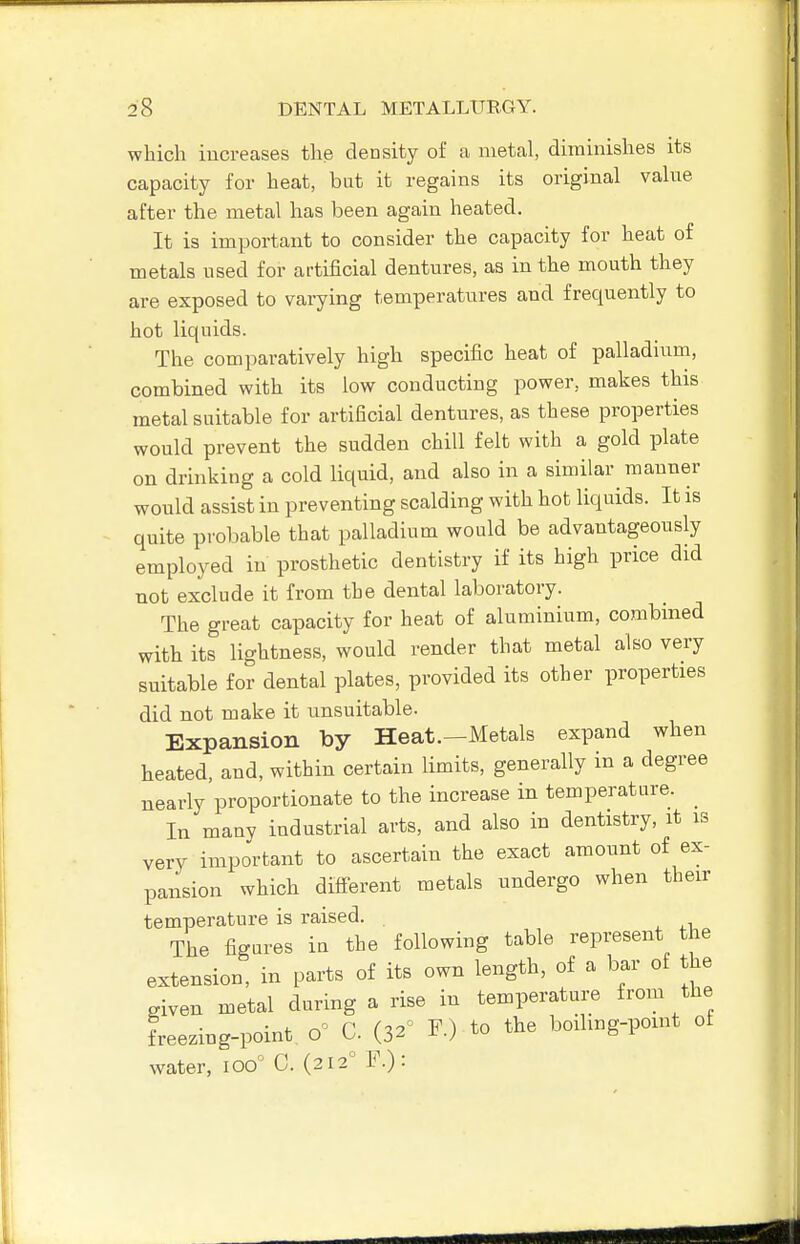which increases the density of a metal, diminishes its capacity for heat, but it regains its original value after the metal has been again heated. It is important to consider the capacity for heat of metals used for artificial dentures, as in the mouth they are exposed to varying temperatirres and frequently to hot liquids. The comparatively high specific heat of palladium, combined with its low conducting power, makes this metal suitable for artificial dentures, as these properties would prevent the sudden chill felt with a gold plate on drinking a cold liquid, and also in a similar manner would assist in preventing scalding with hot liquids. It is quite probable that palladium would be advantageously employed in prosthetic dentistry if its high price did not exclude it from the dental laboratory. The great capacity for heat of aluminium, combined with its lightness, would render that metal also very suitable for dental plates, provided its other properties did not make it unsuitable. Expansion by Heat.—Metals expand when heated, and, within certain limits, generally in a degree nearly proportionate to the increase in temperature. In many industrial arts, and also in dentistry, it is very important to ascertain the exact amount of ex- pansion which diff-erent metals undergo when their temperature is raised. The figures in the following table represent the extension, in parts of its own length, of a bar of the given metal during a rise in temperature from the Lezing-point C. (32° F.) to the boiling-point of water, 100^^ C. (212° F.):