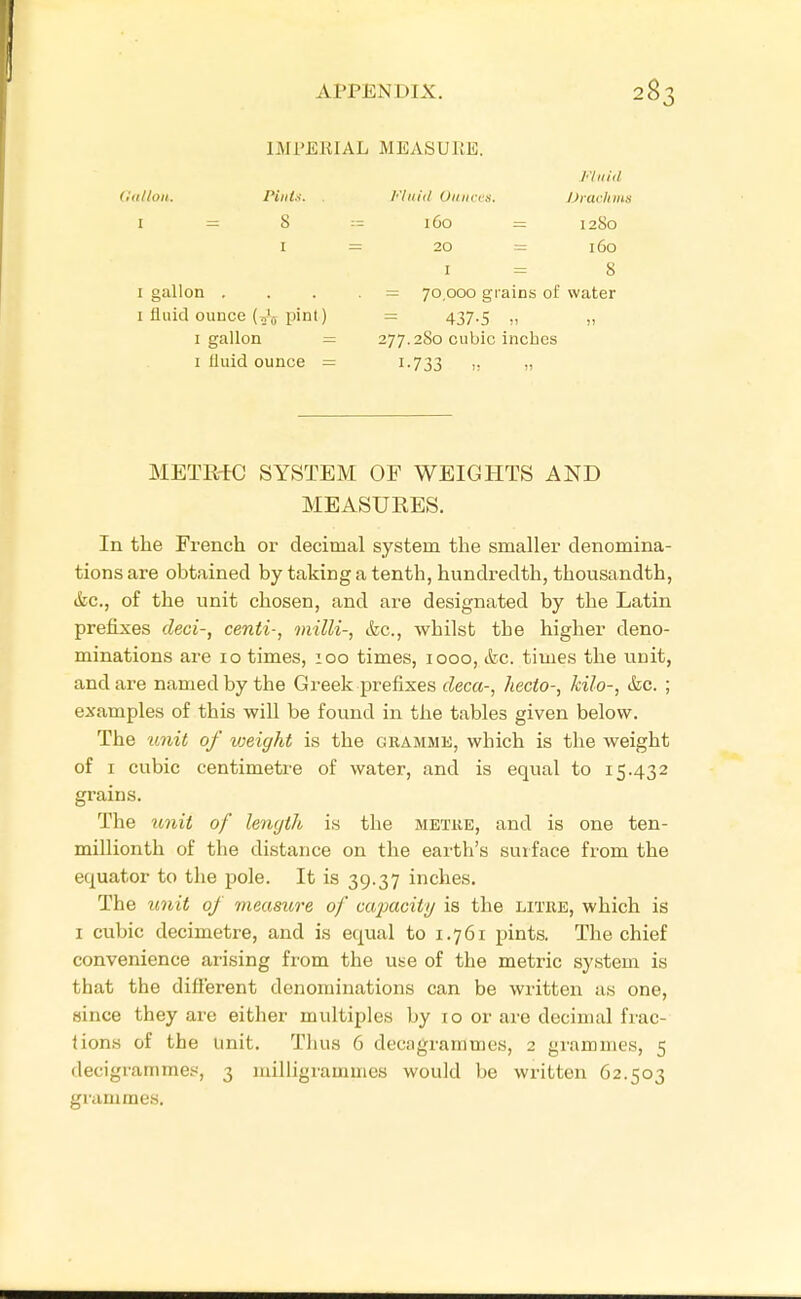 IMPEKIAL MEA,SUltE. Flu id (liiltoii. Pints. . Fluid UiiKccs. JJrachms I = 8 := 160 = 1280 I = 20 = 160 I = S I gallon . . . . = 70,000 grains of water I fluid ounce (j'o pint) — 437-5 -i „ I gallon = 277.280 cubic inches I fluid ounce — 1-733 !: n METMC SYSTEM OF WEIGHTS AND MEASURES. In the French or decimal system the smaller denomina- tions are obtained by taking a tenth, hundredth, thousandth, &c., of the unit chosen, and are designated by the Latin prefixes deci-, centi-, milli-, &c., whilst the higher deno- minations are 10 times, 100 times, 1000, &c. times the unit, and are named by the Greek prefixes deca-, hecto-, kilo-, &c. ; examples of this will be found in the tables given below. The iinit of loeight is the gkamme, which is the weight of I cubic centimetre of water, and is equal to 15.432 grains. The unit of length is the metke, and is one ten- millionth of the distance on the earth's surface fi'om the equator to the pole. It is 39.37 inches. The unit oj mPMSure of capacity is the litre, which is I cubic decimetre, and is equal to 1.761 pints. The chief convenience arising from the use of the metric system is that the difl'erent denominations can be written as one, since they are either multiples by 10 or are decimal frac- tions of the unit. Tlius 6 decagrammes, 2 grammes, 5 decigramme.«, 3 milligrammes would be written 62.503 gmmmes.