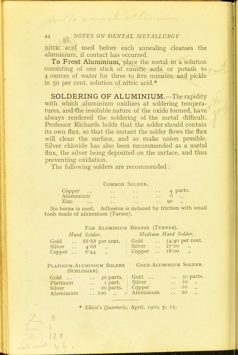 nitric acid used before each annealing cleanses the aluminium, if contact has occurred. To Frost Aluminium, place the metal in a solution consisting of one stick of caustic soda or potash to 4 ounces of water for three to five minutes^ and pickle in 50 per cent, solution of nitric acid.* SOLDERING OF ALUMINIUM.—The rapidity with which aluminium oxidizes at soldering tempera- tures, and the insoluble nature of the oxide formed, have always rendered the soldering of the metal difficult. | Professor Richards holds that the solder should contain its own flux, so that the instant the solder flows the flux wiU clean the surface, and so make union possible. Silver chloride has also been recommended as a useful flux, the silver being deposited on the surface, and thus preventing oxidation. The following solders are recommended : Common Solder. Copper .. .. .. • • 4 parts. Aluminium .. .. .. 6 ,, Zinc .. .. .. .. 90 ,, No borax is used. Adhesion is induced by friction with small tools made of aluminium (Turner). For Aluminium Bronze (Turner). Hard Solder. Medium Hard Solder. Gold .. 88-88 per cent. Gold .. 54-40 per cent. Silver . . 4-68 ,, Silver . . 27-00 Copper .. 6-44 ,, Copper .. i8-oo Platinum-Aluminium Solder Gold-Aluminium Solder. (Schlosser). Gold .. Platinum Silver Aluminium 30 parts. I part. 20 parts. 100 ,, Gold .. Silver Copper Aluminium 50 parts. 10 10 ,, 20 ,, Elliot's Quarterly, April, 1910, p. 15. \16