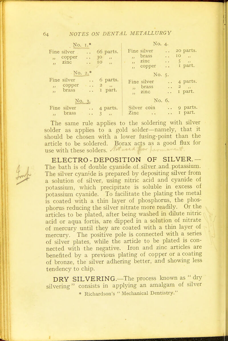 No. I.* Fine silver „ copper „ zinc No. Fine silver „ copper brass 66 parts. 30 ,. 10 No. 4. parts, part. No. Fine silver brass 4 parts. 3 Fine silver „ brass „ zinc „ copper No. Fine silver brass ,, zinc 5- 20 parts. 10 S I part. 4 parts. 2 I part. No. 6. Silver coin Zinc parts, part. The same rule applies to the soldering with silver solder as appUes to a gold solder—namely, that it should be chosen with a lower fusing-point than the article to be soldered. Borax acts as a good flux for use with these solders, ^/o^^-^'* j^ ,,.^--- ELECTRO-DEPOSITION OF SILVER.— The bath is of double cyanide of silver and potassium. The silver cyanide is prepared by depositing silver from a solution of silver, using nitric acid and cyanide of potassium, which precipitate is soluble in excess of potassium cyanide. To facilitate the plating the metal is coated with a thin layer of phosphorus, the phos- phorus reducing the silver nitrate more readily. Or the articles to be plated, after being washed in dilute nitric acid or aqua fortis, are dipped in a solution of nitrate of mercury until they are coated with a thin layer of mercury. The positive pole is connected with a series of silver plates, while the article to be plated is con- nected with the negative. Iron and zinc articles are benefited by a previous plating of copper or a coating of bronze, the silver adhering better, and showing less tendency to chip. DRY SILVERING.—The process known as dry silvering consists in applying an amalgam of silver * Richardson's  Mechanical Dentistry.