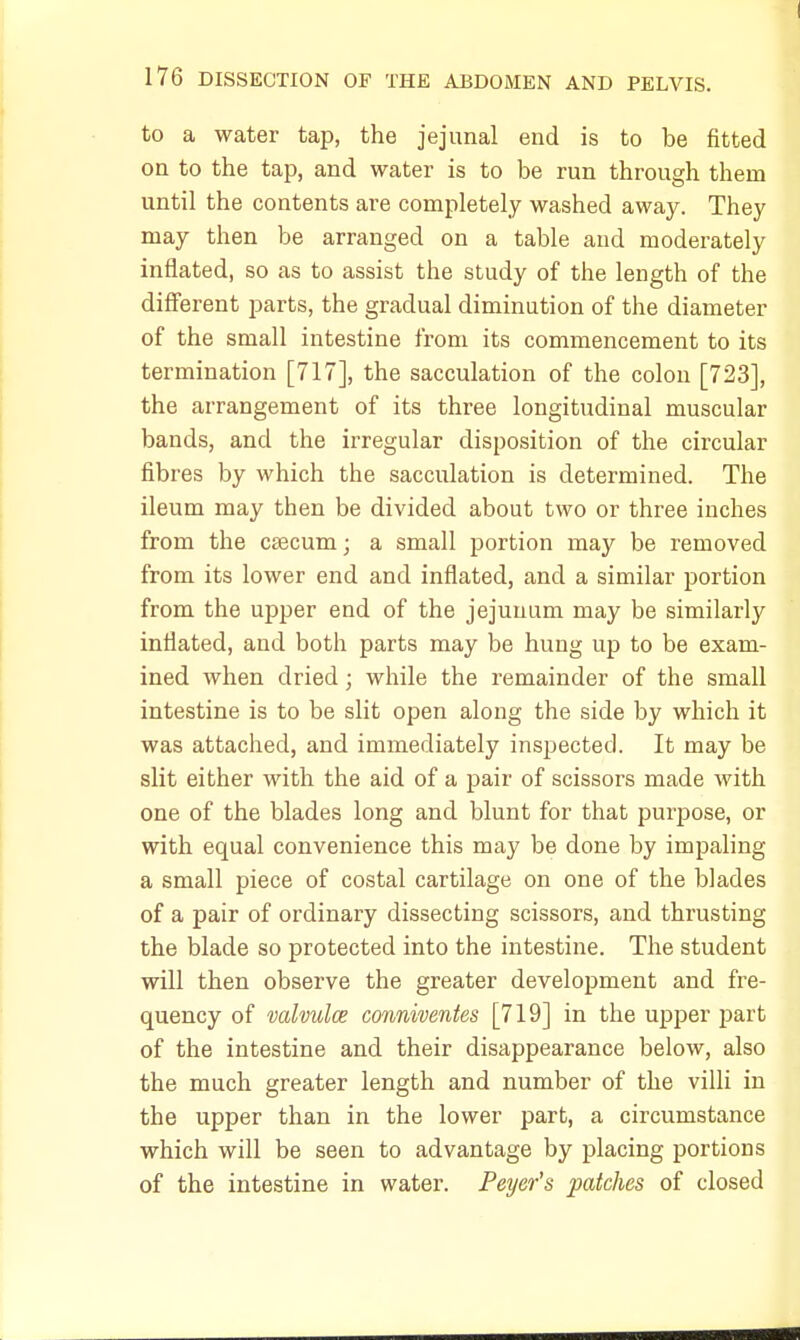 to a water tap, the jejunal end is to be fitted on to the tap, and water is to be run through them until the contents are completely washed away. They may then be arranged on a table and moderately inflated, so as to assist the study of the length of the different parts, the gradual diminution of the diameter of the small intestine from its commencement to its termination [717], the sacculation of the colon [723], the arrangement of its three longitudinal muscular bands, and the irregular disposition of the circular fibres by which the sacculation is determined. The ileum may then be divided about two or three inches from the caecum; a small portion may be removed from its lower end and inflated, and a similar portion from the upper end of the jejunum may be similarly inflated, and both parts may be hung up to be exam- ined when dried; while the remainder of the small intestine is to be slit open along the side by which it was attached, and immediately inspected. It may be slit either with the aid of a pair of scissors made with one of the blades long and blunt for that purpose, or with equal convenience this may be done by impaling a small piece of costal cartilage on one of the blades of a pair of ordinary dissecting scissors, and thrusting the blade so protected into the intestine. The student will then observe the greater development and fre- quency of valvulce conniventes [719] in the upper part of the intestine and their disappearance below, also the much greater length and number of the villi in the upper than in the lower part, a circumstance which will be seen to advantage by placing portions of the intestine in water. Payer's patches of closed