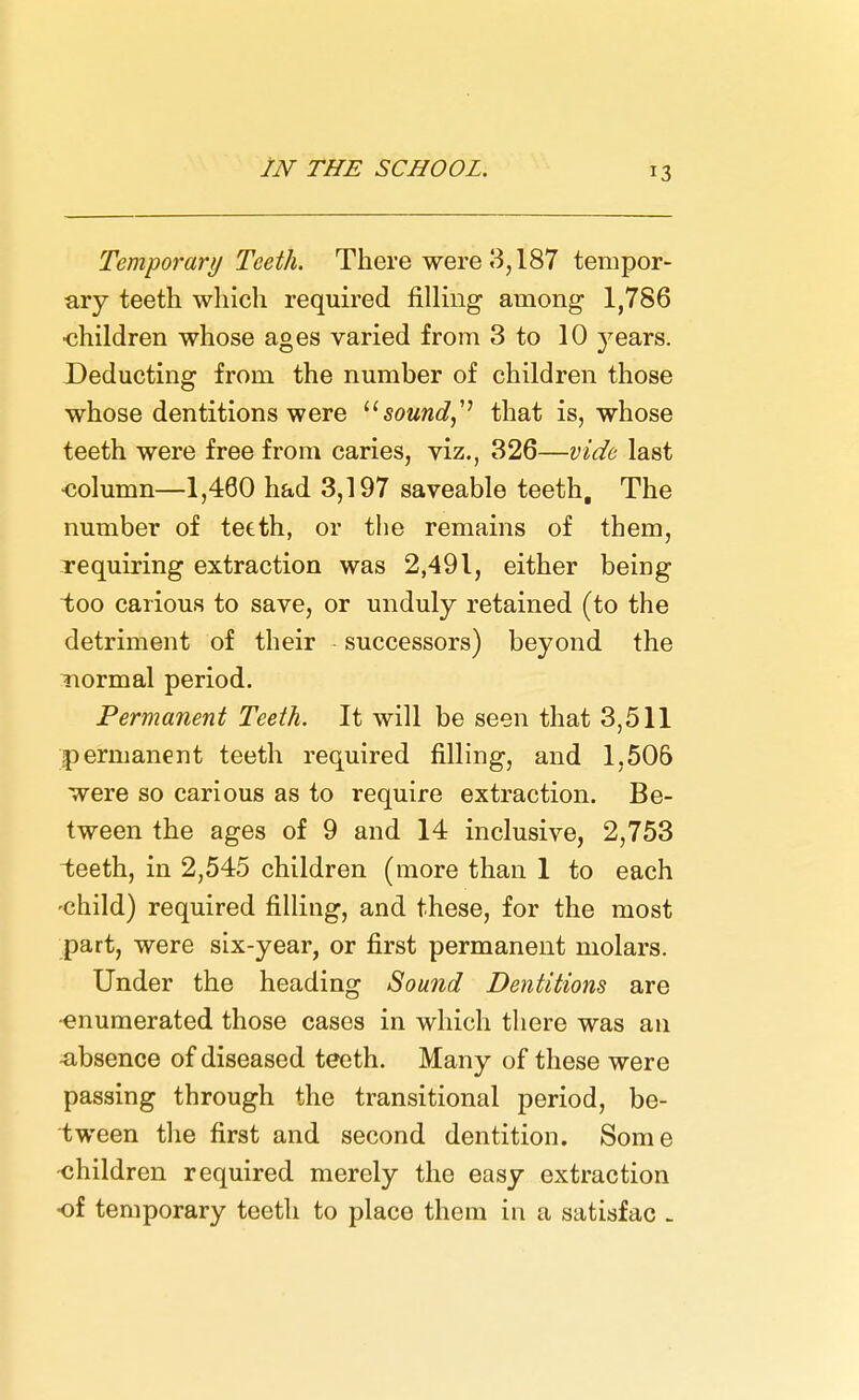 Temporary Teeth. There were 3,187 tempor- ary teeth which required filling among 1,786 •children whose ages varied from 3 to 10 }7ears. Deducting from the number of children those whose dentitions were soundthat is, whose teeth were free from caries, viz., 326—vide last •column—1,460 had 3,197 saveable teeth. The number of teeth, or the remains of them, requiring extraction was 2,491, either being too carious to save, or unduly retained (to the detriment of their successors) beyond the normal period. Permanent Teeth. It will be seen that 3,511 permanent teeth required filling, and 1,506 were so carious as to require extraction. Be- tween the ages of 9 and 14 inclusive, 2,753 teeth, in 2,545 children (more than 1 to each -child) required filling, and these, for the most part, were six-year, or first permanent molars. Under the heading Sound Dentitions are ■enumerated those cases in which there was an -absence of diseased teeth. Many of these were passing through the transitional period, be- tween the first and second dentition. Some -children required merely the easy extraction of temporary teeth to place them in a satisfac -