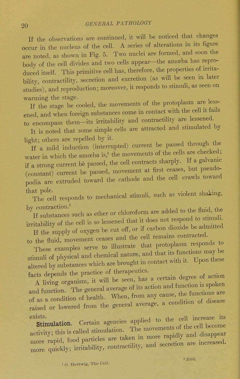 If the observations are continued, it will be noticed that changes occur in the nucleus of the cell. A series of alterations in its figure are noted, as shown in Fig. 5. Two nuclei are formed, and soon the body of the cell divides and two cells appear—the amoeba has repro- duced itself. This primitive cell has, therefore, the properties of irrita- bility, contractility, secretion and excretion (as will be seen m later studies), and reproduction; moreover, it responds to stimuh, as seen on warming the stage. If the stage be cooled, the movements of the protoplasm are less- ened, and when foreign substances come in contact with the cell it tails to encompass them-its irritability and contractility are lessened It is noted that some simple cells are attracted and stimulated by light; others are repelled by it. If a mild induction (interrupted) current be passed through the water in which the amoeba is,^ the movements of the cells are checked; if a strong current be passed, the cell contracts sharply. If a galvamc (constant) current be passed, movement at first ceases, bu pseudo- podia are extruded toward the cathode and the cell crawls toward ^^'Thetell responds to mechanical stimuli, such as violent shaking, ^fT—such as ether or chloroform are added to the fluid, the irritability of the cell is so lessened that it does not respond to stmiuk f the Lpply of oxygen be cut off. or if carbon dioxide be admitted to ie fluid! movement ceases and the cell remains contracted. These examples serve to illustrate that protoplasm responds to stim Jof physLl and chemical nature, and tl-t its — altered by substances which are brought m contact with it. Upon these farts deoends the practice of therapeutics. tll^nrorganis-, it will be seen, has a certain degree of action and fuX. 'The general average of its action and ^2X:^:e of as a condition of health. When, from any cause, the ^-^^^^eZl raised or lowered from the general average, a condition of disease exists. . .. , ,1 u increase its Stimulation. Certain agencies applied to the ce^i 2 Ibid. 1 O. Hertwig, The Cell.