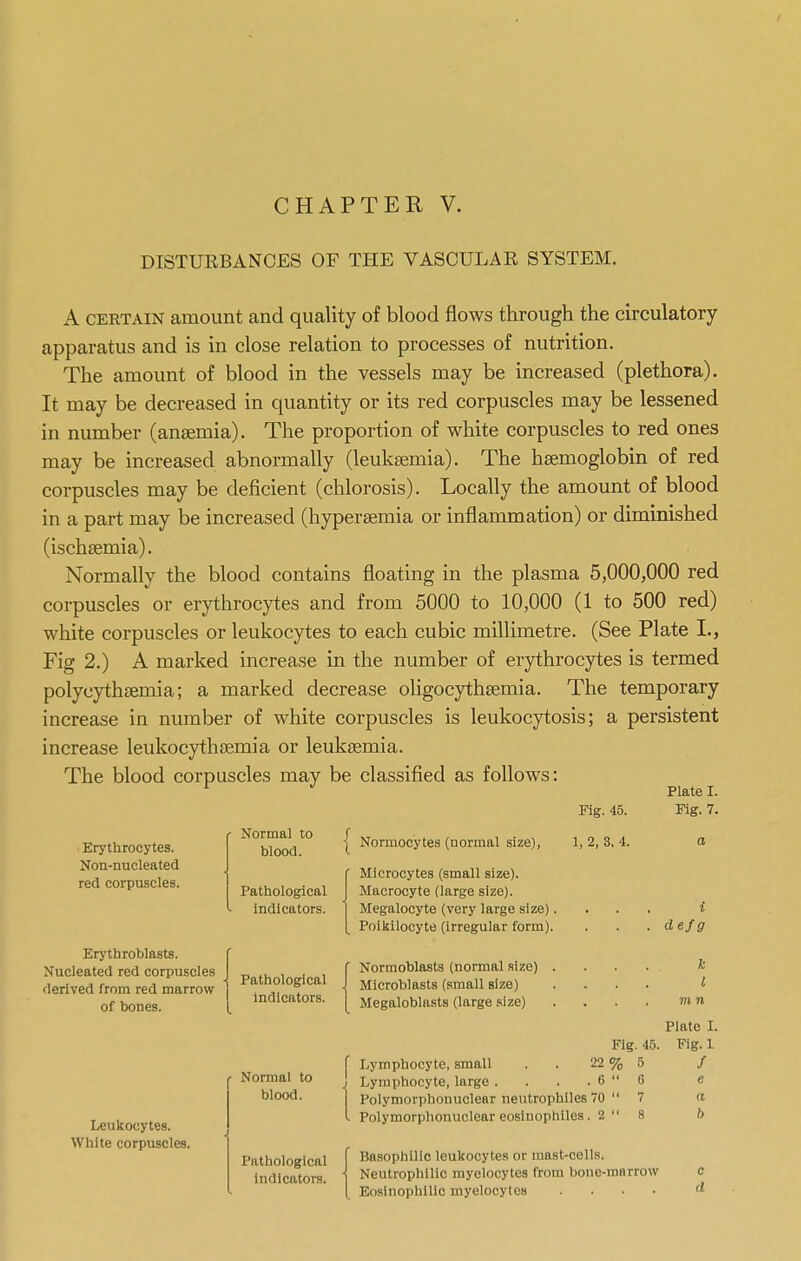 CHAPTER V. DISTURBANCES OF THE VASCULAR SYSTEM, A CERTAIN amount and quality of blood flows through the circulatory apparatus and is in close relation to processes of nutrition. The amount of blood in the vessels may be increased (plethora). It may be decreased in quantity or its red corpuscles may be lessened in number (anaemia). The proportion of white corpuscles to red ones may be increased abnormally (leuktemia). The haemoglobin of red corpuscles may be deficient (chlorosis). Locally the amount of blood in a part may be increased (hyperaemia or inflammation) or diminished (ischaemia). Normally the blood contains floating in the plasma 5,000,000 red corpuscles or er ythrocytes and from 5000 to 10,000 (1 to 500 red) white corpuscles or leukocytes to each cubic millimetre. (See Plate I., Fig 2.) A marked increase in the number of erythrocytes is termed polycythaemia; a marked decrease oligocythaemia. The temporary increase in number of white corpuscles is leukocytosis; a persistent increase leukocythaemia or leukaemia. The blood corpuscles may be classified as follows: Erythrocytes. Non-nucleated red corpuscles. Erythroblasts. Nucleated red corpuscles derived from red marrow of bones. Leukocytes. White corpuscles. Normal to blood. Pathological indicators. Pathological Indicators. Normal to blood. Pathological indicators. I Normocytes (normal size), Microcytes (small size). Macrocyte (large size). Megalocyte (very large size). Poikilocyte (Irregular form). Normoblasts (normal size) Microblasts (small size) Megaloblasts (large size) Fig. 45. 1, 2, 3, 4. f Lymphocyte, small Lymphocyte, large . Polymorphonuclear neutrophlles 70 Polymorphonuclear eoslnophlles. 2 Fig. 45, 22% 5 , 6 6 7 Plate I. Fig. 7. i defg k I 711 n Plate I. . Fig. 1 / e a b Basophilic leukocytes or mast-cells. Neutrophilic myelocytes from bone-marrow Eosinophilic myelocytes ....