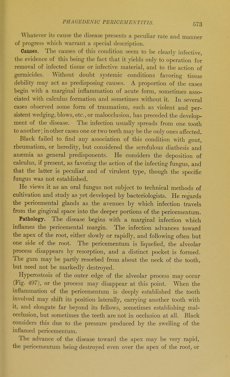 Whatever its cause the disease presents a peeuHar rate and manner of progress which warrant a special description. Causes. The causes of tliis condition seem to be clearly infective, the evidence of this being the fact that it yields only to operation for removal of infected tissue or infective material, and to the action of germicides. Without doubt systemic conditions favoring tissue debility may act as predisposing causes. A proportion of the eases begin with a marginal inflammation of acute form, sometimes asso- ciated with calculus formation and sometimes without it. In several cases observed some form of traumatism, such as violent and per- sistent wedging, blows, etc., or malocclusion, has preceded the develop- ment of the disease. The infection usually spreads from one tooth to another; in other cases one or two teeth may be the only ones affected. Black failed to find any association of this condition with gout, rheumatism, or heredity, but considered the scrofulous diathesis and anaemia as general predisponents. He considers the deposition of calculus, if present, as favoring the action of the infecting fungus, and that the latter is peculiar and of virulent type, though the specific fungus was not established. He views it as an oral fungus not subject to technical methods of cultivation and study as yet developed by bacteriologists. He regards the pericemental glands as. the avenues by which infection travels from the gingival space into the deeper portions of the pericementum. Pathology. The disease begins with a marginal infection which inflames the pericemental margin. The infection advances toward the apex of the root, either slowly or rapidly, and following often but one side of the root. The pericementum is Hquefied, the alveolar process disappears by resorption, and a distinct pocket is formed. The gum may be partly resorbed from about the neck of the tooth, but need not be markedly destroyed. Hyperostosis of the outer edge of the alveolar process may occur (Pig. 497), or the process may disappear at this point. When the inflammation of the pericementum is deeply established the tooth mvolved may shift its position, laterally, carrying another tooth with it, and elongate far beyond its fellows, sometimes establishing mal- occlusion, but sometimes the teeth are not in occlusion at all. Black considers this due to the pressure produced by the swelling of the inflamed pericementum. The advance of the disease toward the apex may be very rapid, the pericementum being destroyed even over the apex of the root, or