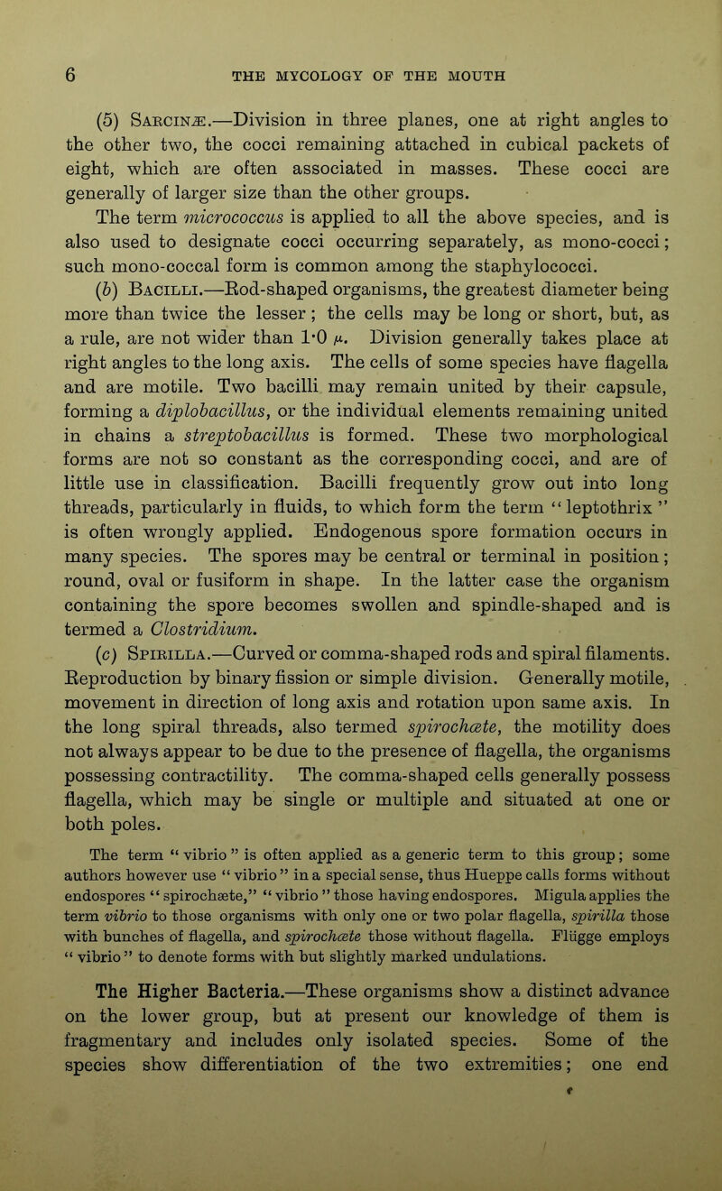 (5) Saecin^.—Division in three planes, one at right angles to the other two, the cocci remaining attached in cubical packets of eight, which are often associated in masses. These cocci are generally of larger size than the other groups. The term micrococcus is applied to all the above species, and is also used to designate cocci occurring separately, as mono-cocci; such mono-coccal form is common among the staphylococci. (6) Bacilli.—Eod-shaped organisms, the greatest diameter being more than twice the lesser ; the cells may be long or short, but, as a rule, are not wider than 1*0 Division generally takes place at right angles to the long axis. The cells of some species have flagella and are motile. Two bacilli may remain united by their capsule, forming a diplobacillus, or the individual elements remaining united in chains a streptobacillus is formed. These two morphological forms are not so constant as the corresponding cocci, and are of little use in classification. Bacilli frequently grow out into long threads, particularly in fluids, to which form the term ''leptothrix  is often wrongly applied. Endogenous spore formation occurs in many species. The spores may be central or terminal in position; round, oval or fusiform in shape. In the latter case the organism containing the spore becomes swollen and spindle-shaped and is termed a Clostridium. (c) Spirilla.—Curved or comma-shaped rods and spiral filaments. Eeproduction by binary fission or simple division. Generally motile, movement in direction of long axis and rotation upon same axis. In the long spiral threads, also termed spirochcete, the motility does not always appear to be due to the presence of flagella, the organisms possessing contractility. The comma-shaped cells generally possess flagella, which may be single or multiple and situated at one or both poles. The term *' vibrio  is often applied as a generic term to this group; some authors however use  vibrio  in a special sense, thus Hueppe calls forms without endospores  spirochsete,  vibrio  those having endospores. Migula applies the term vibrio to those organisms with only one or two polar flagella, spirilla those with bunches of flagella, and spirochcete those without flagella. Fliigge employs '* vibrio  to denote forms with but slightly marked undulations. The Higher Bacteria.—These organisms show a distinct advance on the lower group, but at present our knowledge of them is fragmentary and includes only isolated species. Some of the species show differentiation of the two extremities; one end