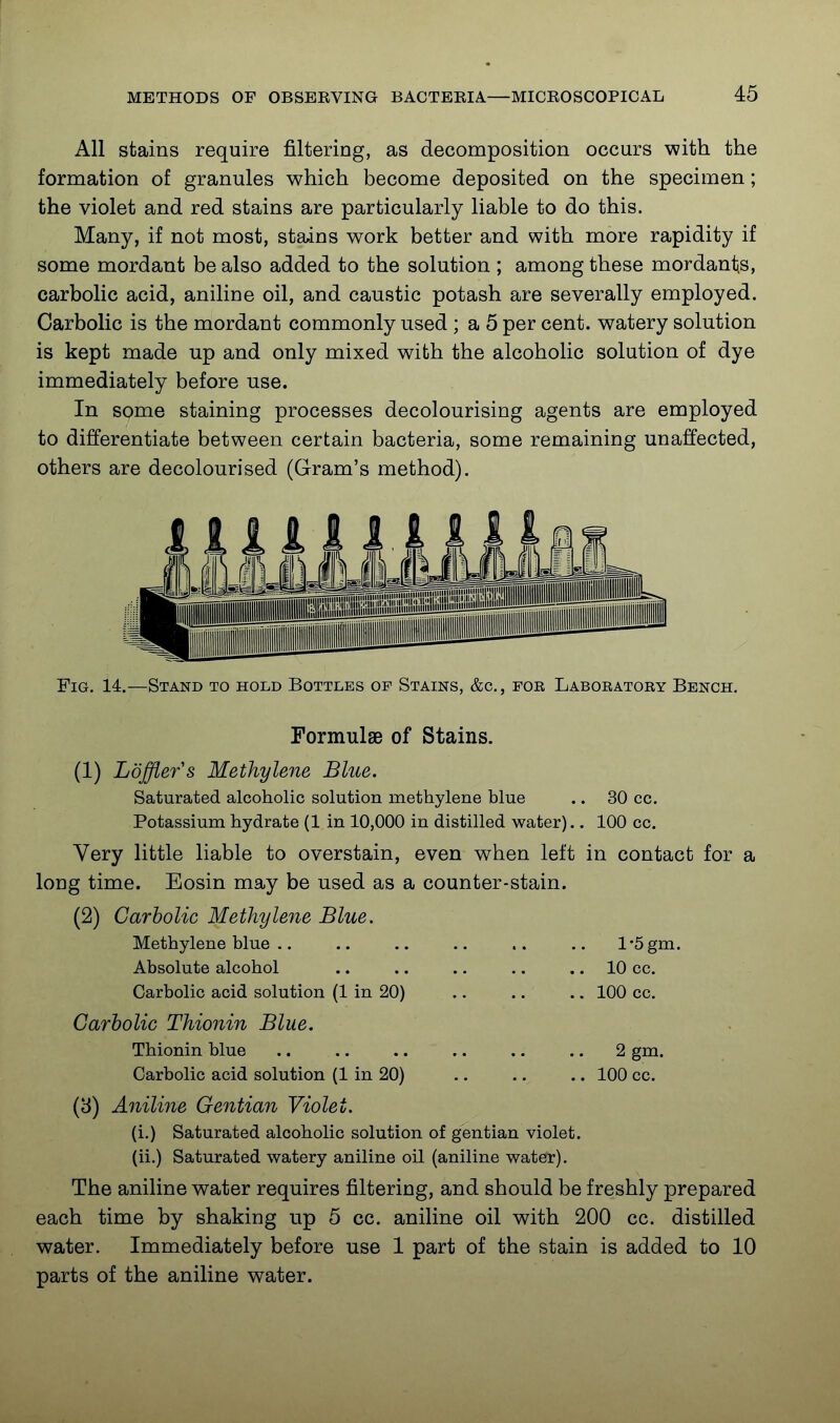 All stains require filtering, as decomposition occurs with the formation of granules which become deposited on the specimen; the violet and red stains are particularly liable to do this. Many, if not most, stains work better and with more rapidity if some mordant be also added to the solution ; among these mordant^s, carbolic acid, aniline oil, and caustic potash are severally employed. Carbolic is the mordant commonly used ; a 5 per cent, watery solution is kept made up and only mixed with the alcoholic solution of dye immediately before use. In some staining processes decolourising agents are employed to differentiate between certain bacteria, some remaining unaffected, others are decolourised (Gram's method). Fig. 14.—Stand to hold Bottles of Stains, &c., for Laboratory Bench, FormulaB of Stains. (1) Loffler's Methylene Blue. Saturated alcoholic solution methylene blue .. 30 cc. Potassium hydrate (1 in 10,000 in distilled water)., 100 cc. Very little liable to overstain, even when left in contact for a long time. Eosin may be used as a counter-stain. (2) Carbolic Methylene Blue. Methylene blue .. ,. ,. ., .. ., l-5gm. Absolute alcohol .. .. ., ,, .. 10 cc. Carbolic acid solution (1 in 20) .. ,, .. 100 cc. Carbolic Thio7iin Blue. Thionin blue .. ,, .. .. .. .. 2 gm. Carbolic acid solution (1 in 20) ,, .. .. 100 cc, (3) Aniline Gentian Violet. (i.) Saturated alcoholic solution of gentian violet, (ii.) Saturated watery aniline oil (aniline water). The aniline water requires filtering, and should be freshly prepared each time by shaking up 5 cc, aniline oil with 200 cc, distilled water. Immediately before use 1 part of the stain is added to 10 parts of the aniline water.