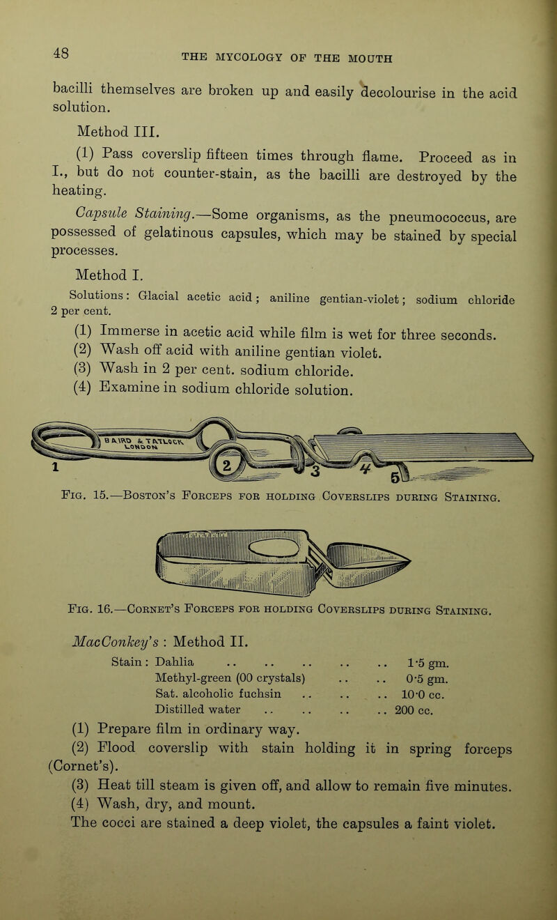bacilli themselves are broken up and easily decolourise in the acid solution. Method III. (1) Pass coverslip fifteen times through flame. Proceed as in I., but do not counter-stain, as the bacilH are destroyed by the heating. Capsule Staining.—Some organisms, as the pneumococcus, are possessed of gelatinous capsules, which may be stained by special processes. Method I. Solutions: Glacial acetic acid; aniline gentian-violet; sodium chloride 2 per cent. (1) Immerse in acetic acid while film is wet for three seconds. (2) Wash off acid with anihne gentian violet. (3) Wash in 2 per cent, sodium chloride. (4) Examine in sodium chloride solution. Fig. 15.—Boston's Forceps for holding Coverslips during Staining. Fig. 16.—Cornet's Forceps for holding Coverslips during Staining. MacConkey's : Method II. Stain : Dahlia .. .. .. .. .. 1-5 gm. Methyl-green (00 crystals) .. .. 0-5 gm. Sat. alcoholic fuchsin .. .. .. 10*0 cc. Distilled water .. .. .. .. 200 cc. (1) Prepare film in ordinary way. (2) Flood coverslip with stain holding it in spring forceps (Cornet's). (3) Heat till steam is given off, and allow to remain five minutes. (4) Wash, dry, and mount. The cocci are stained a deep violet, the capsules a faint violet.