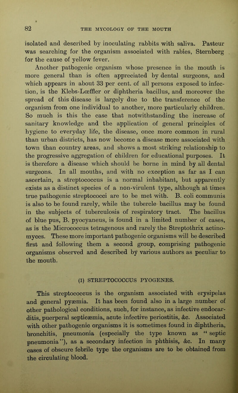 isolated and described by inoculating rabbits with saliva. Pasteur was searching for the organism associated with rabies, Sternberg for the cause of yellow fever. Another pathogenic organism whose presence in the mouth is more general than is often appreciated by dental surgeons, and which appears in about 33 per cent, of all persons exposed to infec- tion, is the Klebs-Loeffler or diphtheria bacillus, and moreover the spread of this disease is largely due to the transference of the organism from one individual to another, more particularly children. So much is this the case that notwithstanding the increase of sanitary knowledge and the application of general principles of hygiene to everyday life, the disease, once more common in rural than urban districts, has now become a disease more associated with town than country areas, and shows a most striking relationship to the progressive aggregation of children for educational purposes. It is therefore a disease which should be borne in mind by all dental surgeons. In all mouths, and with no exception as far as I can ascertain, a streptococcus is a normal inhabitant, but apparently exists as a distinct species of a non-virulent type, although at times true pathogenic streptococci are to be met with. B. coli communis is also to be found rarely, while the tubercle bacillus may be found in the subjects of tuberculosis of respiratory tract. The bacillus of blue pus, B. pyocyaneus, is found in a limited number of cases, as is the Micrococcus tetragenous and rarely the Streptotbrix actino- myces. These more important pathogenic organisms will be described first and following them a second group, comprising pathogenic organisms observed and described by various authors as peculiar to the mouth. (1) STREPTOCOCCUS PYOGENES. This streptococcus is the organism associated with erysipelas and general pyaemia. It has been found also in a large number of other pathological conditions, such, for instance, as infective endocar- ditis, puerperal septicasmia, acute infective periostitis, &c. Associated with other pathogenic organisms it is sometimes found in diphtheria, bronchitis, pneumonia (especially the type known as  septic pneumonia), as a secondary infection in phthisis, &c. In many cases of obscure febrile type the organisms are to be obtained from the circulating blood.