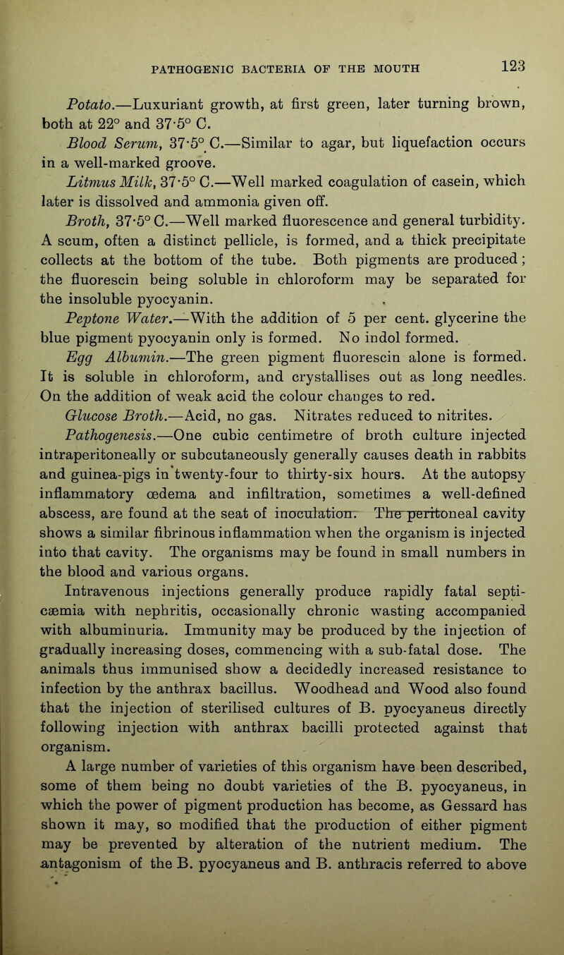 Potato.—Luxuriant growth, at first green, later turning brown, both at 22° and 37-5° C. Blood Serum, 37*5° C.—Similar to agar, but liquefaction occurs in a well-marked groove. Litmus Milk, 37*5° C.—Well marked coagulation of casein, which later is dissolved and ammonia given off. Broth, 37-5° C.—Well marked fluorescence and general turbidity. A scum, often a distinct pellicle, is formed, and a thick precipitate collects at the bottom of the tube. Both pigments are produced; the fluorescin being soluble in chloroform may be separated for the insoluble pyocyanin. Peptone Water,—Y^ith. the addition of 5 per cent, glycerine the blue pigment pyocyanin only is formed. No indol formed. Egg Albumin.—The green pigment fluorescin alone is formed. It is soluble in chloroform, and crystallises out as long needles. On the addition of weak acid the colour changes to red. Glucose Broth.—Acid, no gas. Nitrates reduced to nitrites. Pathogenesis.—One cubic centimetre of broth culture injected intraperitoneally or subcutaneously generally causes death in rabbits and guinea-pigs in twenty-four to thirty-six hours. At the autopsy inflammatory oedema and infiltration, sometimes a well-defined abscess, are found at the seat of inoculation. ThB^peritoneal cavity shows a similar fibrinous inflammation when the organism is injected into that cavity. The organisms may be found in small numbers in the blood and various organs. Intravenous injections generally produce rapidly fatal septi- caemia with nephritis, occasionally chronic wasting accompanied with albuminuria. Immunity may be produced by the injection of gradually increasing doses, commencing with a sub-fatal dose. The animals thus immunised show a decidedly increased resistance to infection by the anthrax bacillus. Woodhead and Wood also found that the injection of sterilised cultures of B. pyocyaneus directly following injection with anthrax bacilli protected against that organism. A large number of varieties of this organism have been described, some of them being no doubt varieties of the B. pyocyaneus, in which the power of pigment production has become, as Gessard has shown it may, so modified that the production of either pigment may be prevented by alteration of the nutrient medium. The antagonism of the B. pyocyaneus and B. anthracis referred to above