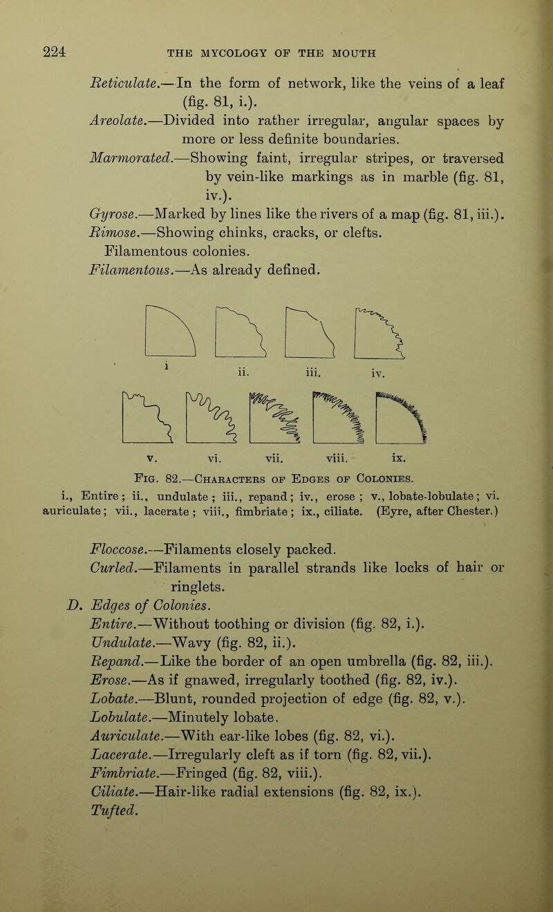 Beticulate.—In the form of network, like the veins of a leaf (fig. 81, i.). Areolate.—Divided into rather irregular, angular spaces by more or less definite boundaries. Marmomted.—Showing faint, irregular stripes, or traversed by vein-like markings as in marble (fig. 81, iv.). Gyrose.—Marked by lines like the rivers of a map (fig. 81, iii.). Bimose.—Showing chinks, cracks, or clefts. Filamentous colonies. Filamentous.—As already defined. V. VI. Vll. Vlll, IX. Fig. 82.—Characters of Edges of Colonies. i., Entire; ii,, undulate; iii., repand; iv., erose ; v., lobate-lobulate; vi. auriculate; vii., lacerate; viii., fimbriate; ix., ciliate. (Eyre, after Chester.) Floccose.—Filaments closely packed. Curled.—Filaments in parallel strands like locks of hair or ringlets. D. Edges of Colonies. Entire.—Without toothing or division (fig. 82, i.). Undulate.—Wavy (fig. 82, ii.). Bepand.—Like the border of an open umbrella (fig. 82, iii.). Erose.—As if gnawed, irregularly toothed (fig. 82, iv.). Lohate.—Blunt, rounded projection of edge (fig. 82, v.). Lobulate.—Minutely lobate. Auriculate.—With ear-like lobes (fig. 82, vi.). Lacerate.—Irregularly cleft as if torn (fig. 82, vii.). Fimbriate.—Fringed (fig. 82, viii.). Ciliate.—Hair-hke radial extensions (fig. 82, ix.). Tufted.