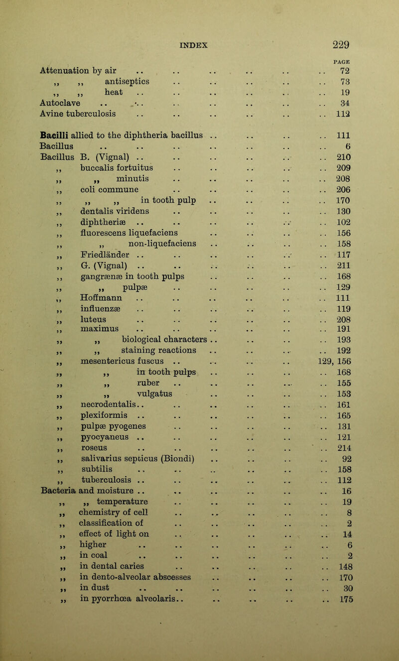 PAGE Attenuation by air .... ,. .. 72 ,, ,, antiseptics .. .. .. .. ..73 heat .. .. .. .. .. 19 Autoclave .. . .. .. .. .. .. 34 Avine tuberculosis .. .. .. .. .. .. 112 Bacilli allied to the diphtheria bacillus .. .. Ill Bacillus 6 Bacillus B. (Vignal) .. .. 210 5» buccalis fortuitus .. 209 }> minutis .. 208 coli commune .. 206 11 „ in tooth pulp .. 170 J > dentalis viridens .. 130 diphtherias .. .. .. .. 102 3 ) fluorescens liquefaciens .. 156 „ non-liquefaciens ..158 Friedlander .. .. 117 G. (Vignal) .. .. 211 53 gangrsense in tooth pulps .. 168 5> pulpse .. 129 1> Hoffmann ..111 influenzae .. 119 }} luteus . . 208 JJ maximus .. 191 5» „ biological characters .. .. 193 J» staining reactions .. 192 »> mesentericus fuscus .. 129, 156 ft in tooth pulps .. 168 Si „ ruber .. 155 i) „ vulgatus .. 153 »> necrodentalis.. .. 161 » J plexiformis .. .. 165 >> pulpae pyogenes .. 131 J» pyocyaneus .. ..121 >> roseus ..214 >> salivarius sepcicus (Biondi) .. 92 JJ subtilis .. 158 >> tuberculosis .. .. 112 Bacteria and moisture .. ,. 16 J) temperature 19 j> chemistry of cell ..8 j> classification of .. .. 2 }» effect of light on .. 14 >j higher 6 >> in coal 2 >> in dental caries .. 148 >> in dento-alveolar abscesses .. 170 >» in dust .. 30 >> in pyorrhoea alveolaris.. .. 175