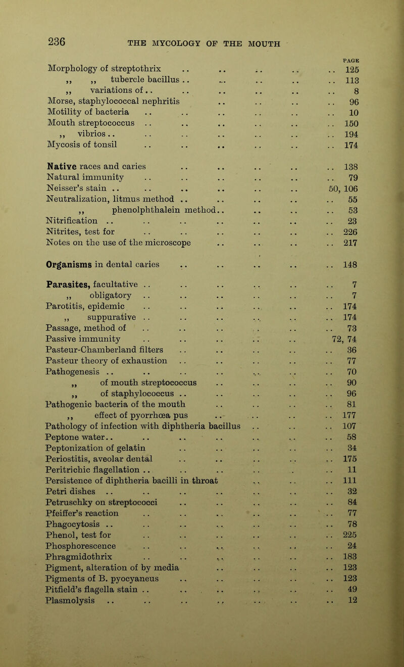 Morphology of streptothrix .. 125 tubercle bacillus .. .. 113 variations of ., ..8 Morse, staphylococcal nephritis .. .. .. 96 Motility of bacteria 10 Mouth streptococcus .. ..150 vibrios.. .. 194 Mycosis of tonsil .. 174 Native races and caries .. .. .. .. 138 Natural immunity 79 Neisser's stain .... 50, 106 Neutralization, litmus method .. 55 phenolphthalein method.. .. 63 Nitrification .. .. 23 Nitrites, test for 226 Notes on the use of the microscope .. .. > 217 Or^smisms in dental caries 148 Parasites, facultative .. 7 obligatory 7 Parotitis, epidemic .. 174 suppurative .. .. .. .. 174 Passage, method of .. .. 73 Passive immunity 72, 74 Pasteur-Chamberland filters .. 36 Pasteur theory of exhaustion .. 77 Pathogenesis .. 70 „ of mouth streptococcus .. 90 of staphylococcus .. 96 Pathogenic bacteria of the mouth 81 ,, effect of pyorrhoea pus .. 177 Pathology of infection with diphtheria bacillus .. 107 Peptone water.. .. .. .. .. 58 Peptonization of gelatin .. 34 Periostitis, aveolar dental .. 175 Peritrichic flagellation .. 11 Persistence of diphtheria bacilli in throat ..111 Petri dishes .. .. 32 Petruschky on streptococci .. 84 Pfeiffer's reaction v.. 77 Phagocytosis .. .. 78 Phenol, test for .. 225 Phosphorescence .. 24 Phragmidothrix .. 183 Pigment, alteration of by media .. 123 Pigments of B. pyocyaneus .. 123 Pitfield's flagella stain .. .. 49 Plasmolysis .. .. .. ., . • .. 12