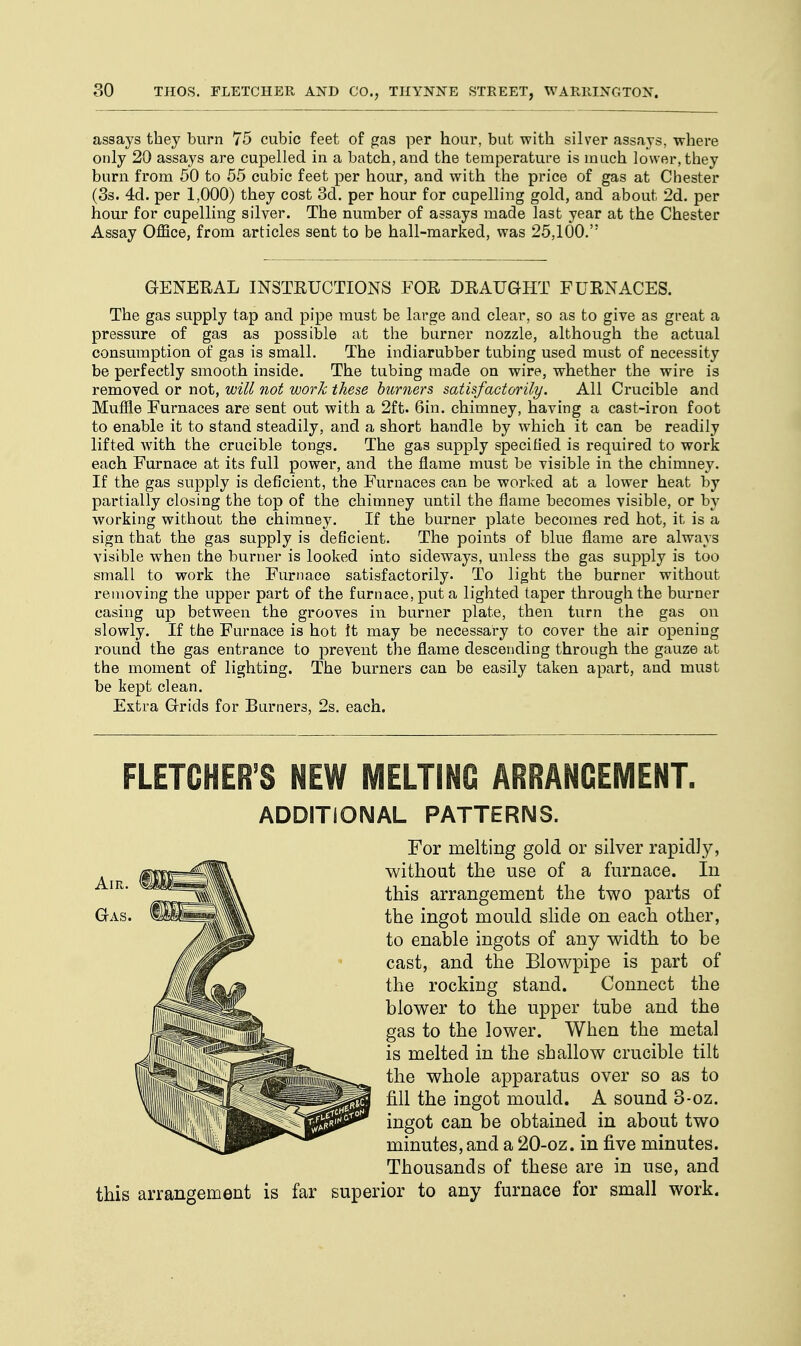 assays they burn 75 cubic feet of gas per hour, but with silver assays, where only 20 assays are cupelled in a batch, and the temperature is much lower, they burn from 50 to 55 cubic feet per hour, and with the price of gas at Chester (3s. 4d. per 1,000) they cost 3d. per hour for cupelling gold, and about 2d. per hour for cupelling silver. The number of assays made last year at the Chester Assay Office, from articles sent to be hall-marked, was 25,100. GENERAL INSTRUCTIONS FOR DRAUGHT FURNACES. The gas supply tap and pipe must be large and clear, so as to give as great a pressure of gas as possible at the burner nozzle, although the actual consumption of gas is small. The indiarubber tubing used must of necessity be perfectly smooth inside. The tubing made on wire, whether the wire is removed or not, will not work these burners satisfactorily. All Crucible and Muffle Furnaces are sent out with a 2ft. 6in. chimney, having a cast-iron foot to enable it to stand steadily, and a short handle by which it can be readily lifted with the crucible tongs. The gas supply specified is required to work each Furnace at its full power, and the flame must be visible in the chimney. If the gas supply is deficient, the Furnaces can be worked at a lower heat by partially closing the top of the chimney until the flame becomes visible, or by working without the chimney. If the burner plate becomes red hot, it is a sign that the gas supply is deficient. The points of blue flame are always visible when the burner is looked into sideways, unless the gas supply is too small to work the Furnace satisfactorily. To light the burner without removing the upper part of the furnace, put a lighted taper through the burner casing up between the grooves in burner plate, then turn the gas on slowly. If the Furnace is hot it may be necessary to cover the air opening round the gas entrance to prevent the flame descending through the gauze at the moment of lighting. The burners can be easily taken apart, and must be kept clean. Extra Grids for Burners, 2s. each. FLETCHER'S NEW MELTING ARRANGEMENT. ADDITIONAL PATTERNS. For melting gold or silver rapidly, without the use of a furnace. In this arrangement the two parts of the ingot mould slide on each other, to enable ingots of any width to be cast, and the Blowpipe is part of the rocking stand. Connect the blower to the upper tube and the gas to the lower. When the metal is melted in the shallow crucible tilt the whole apparatus over so as to fill the ingot mould. A sound 3-oz. ingot can be obtained in about two minutes, and a 20-oz. in five minutes. Thousands of these are in use, and this arrangement is far superior to any furnace for small work.