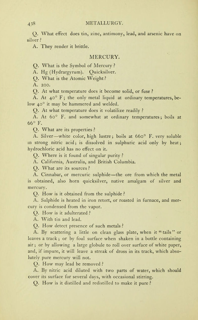 Q. What effect does tin, zinc, antimony, lead, and arsenic have on silver ? A. They render it brittle. MERCURY. Q. What is the Symbol of Mercury ? A. Hg (Hydrargyrum). Quicksilver. Q. What is the Atomic Weight? A. 200. Q. At what temperature does it become solid, or fuse ? A. At 40° F; the only metal liquid at ordinary temperatures, be- low 40° it may be hammered and welded. Q. At what temperature does it volatilize readily ? A. At 60° F. and somewhat at ordinary temperatures; boils at 66° F. Q. What are its properties ? A. Silver—white color, high lustre; boils at 660° F. very soluble m strong nitric acid; is dissolved in sulphuric acid only by heat; hydrochloric acid has no effect on it. Q. Where is it found of singular purity ? A. California, Australia, and British Columbia. Q. What are its sources .'' A. Cinnabar, or mercuric sulphide—the ore from which the metal is obtained, also horn quicksilver, native amalgam of silver and mercury. Q. How is it obtained from the sulphide ? A. Sulphide is heated in iron retort, or roasted in furnace, and mer- cury is condensed from the vapor. Q. How is it adulterated ? A. With tin and lead. Q. How detect presence of such metals ? A. By scattering a little on clean glass plate, when it  tails or leaves a track; or by foul surface when shaken in a bottle containing air; or by allowing a large globule to roll over surface of white paper, and, if impure, it will leave a streak of dross in its track, which abso- lutely pure mercury will not. Q. How may lead be removed i A. By nitric acid diluted with two parts of water, which should cover Its surface for several days, with occasional stirring. Q. How is it distilled and redistilled to make it pure ?
