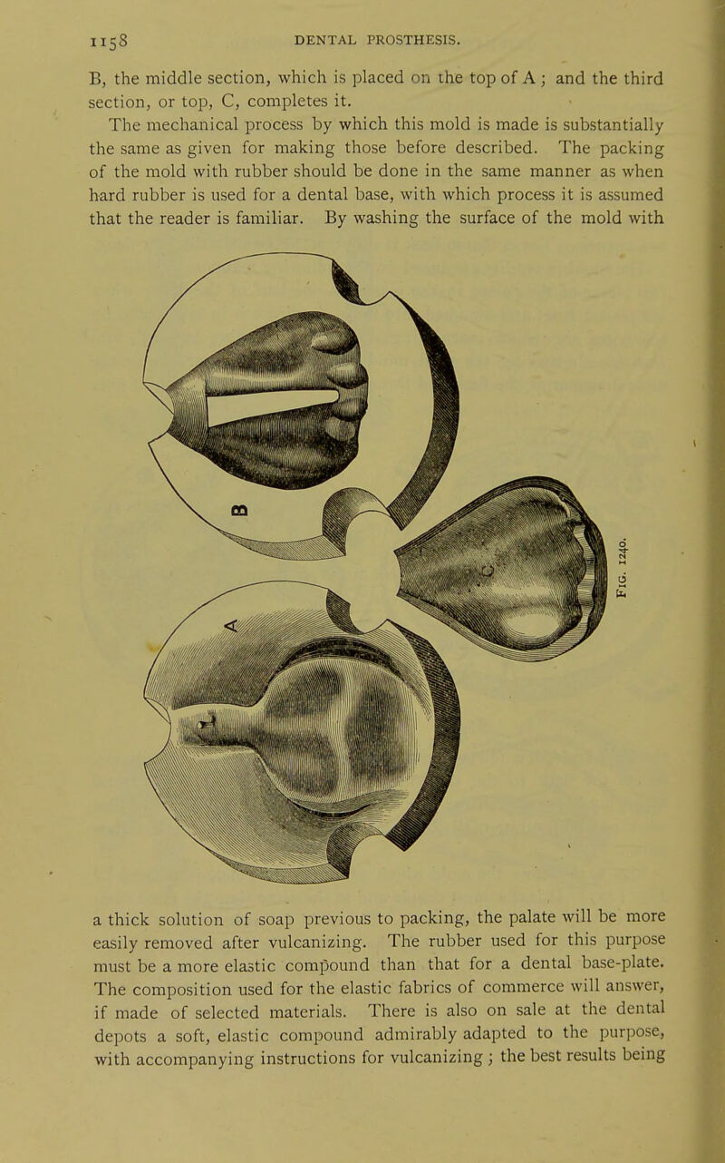 B, the middle section, which is placed on the top of A; and the third section, or top, C, completes it. The mechanical process by which this mold is made is substantially the same as given for making those before described. The packing of the mold with rubber should be done in the same manner as when hard rubber is used for a dental base, with which process it is assumed that the reader is familiar. By washing the surface of the mold with a thick solution of soap previous to packing, the palate will be more easily removed after vulcanizing. The rubber used for this purpose must be a more elastic compound than that for a dental base-plate. The composition used for the elastic fabrics of commerce will answer, if made of selected materials. There is also on sale at the dental depots a soft, elastic compound admirably adapted to the purpose, with accompanying instructions for vulcanizing ; the best results being