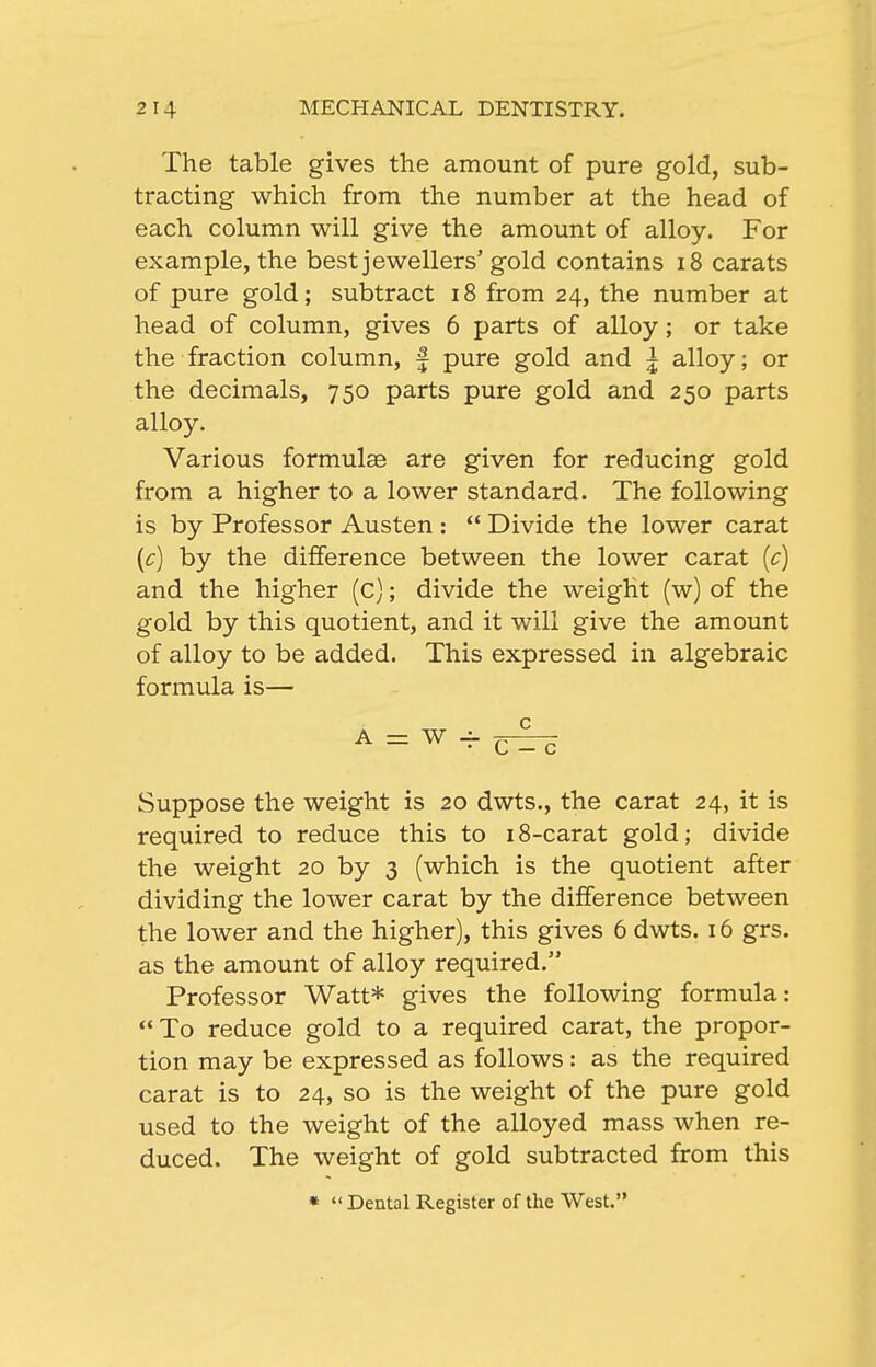 The table gives the amount of pure gold, sub- tracting which from the number at the head of each column will give the amount of alloy. For example, the best jewellers'gold contains i8 carats of pure gold; subtract i8 from 24, the number at head of column, gives 6 parts of alloy; or take the fraction column, f pure gold and i alloy; or the decimals, 750 parts pure gold and 250 parts alloy. Various formulae are given for reducing gold from a higher to a lower standard. The following is by Professor Austen :  Divide the lower carat {c) by the difference between the lower carat {c) and the higher (c); divide the weight (w) of the gold by this quotient, and it will give the amount of alloy to be added. This expressed in algebraic formula is— Suppose the weight is 20 dwts., the carat 24, it is required to reduce this to 18-carat gold; divide the weight 20 by 3 (which is the quotient after dividing the lower carat by the difference between the lower and the higher), this gives 6 dwts. 16 grs. as the amount of alloy required. Professor Watt* gives the following formula:  To reduce gold to a required carat, the propor- tion may be expressed as follows : as the required carat is to 24, so is the weight of the pure gold used to the weight of the alloyed mass when re- duced. The weight of gold subtracted from this «  Dental Register of the West.