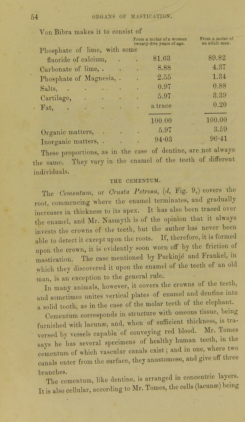 Von Bibra makes it to consist of From a molar of a woman From a molar of twenty-five years of age. an adult man. Phosphate of lime, with some fluoride of calcium, Carbonate of lime, . Phosphate of Magnesia, Salts, Cartilage, Fat, Organic matters, Inorganic matters, 81.63 89.82 8.88 4.37 2.55 1.34 0.97 0.88 5.97 3.39 a trace 0.20 100.00 100.00 5.97 3.59 94-03 96-41 These proportions, as in the case of dentine, are not always the same. They vary in the enamel of the teeth of different individuals. THE CEMENTUM. The Cementum, or Orusta Petrosa, {d, Fig. 9,) covers the root, commencing where the enamel terminates, and gradually increases in thickness to its apex. It has also been traced over the enamel, and Mr. Nasmyth is of the opinion that it always invests the crowns of the teeth, but the author has never been able to detect it except upon the roots. If, therefore, it is formed upon the crown, it is evidently soon worn off by the friction of mastication. The case mentioned by Purkinj^ and Frankel, m which they discovered it upon the enamel of the teeth of an old man, is an exception to the general rule. ■ In many animals, however, it covers the crowns of the teeth, and sometimes unites vertical plates of enamel and dentfme into a solid tooth, as in the case of the molar teeth of the elephant. Cementum corresponds in structure with osseous tissue, being furnished with lacun.^, and, when of sufficient thickness, is tra- versed by vessels capable of conveying red blood. Mr. lomes says he has several specimens of healthy human teeth, in the cementum of which vascular canals exist; and in one, where two canals enter from the surface, they anastomose, and give off three branches. . , The cementum, like dentine, is arranged in concentric layers. It is also cellular, according to Mr. Tomes, the cells (lacun^B) being