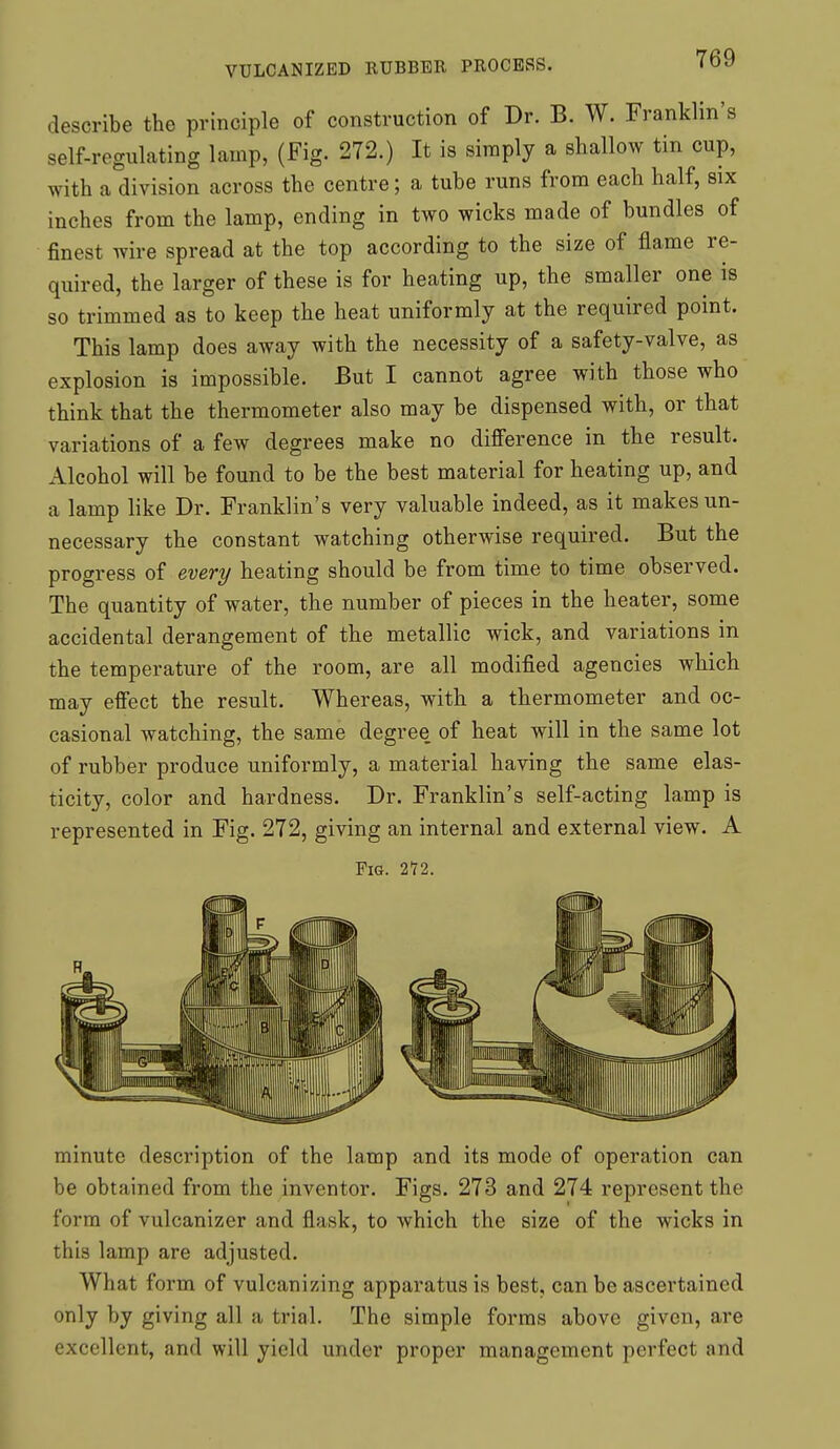 T69 describe the principle of construction of Dr. B. W. Franklin's self-regulating lamp, (Fig. 272.) It is simply a shallow tin cup, with a division across the centre; a tube runs from each half, six inches from the lamp, ending in two wicks made of bundles of finest wire spread at the top according to the size of flame re- quired, the larger of these is for heating up, the smaller one is so trimmed as to keep the heat uniformly at the required point. This lamp does away with the necessity of a safety-valve, as explosion is impossible. But I cannot agree with those who think that the thermometer also may be dispensed with, or that variations of a few degrees make no difl'erence in the result. Alcohol will be found to be the best material for heating up, and a lamp like Dr. Franklin's very valuable indeed, as it makes un- necessary the constant watching otherwise required. But the progress every heating should be from time to time observed. The quantity of water, the number of pieces in the heater, some accidental derangement of the metallic wick, and variations in the temperature of the room, are all modified agencies which may effect the result. Whereas, with a thermometer and oc- casional watching, the same degree of heat will in the same lot of rubber produce uniformly, a material having the same elas- ticity, color and hardness. Dr. Franklin's self-acting lamp is represented in Fig. 272, giving an internal and external view. A Fig. 272. minute description of the lamp and its mode of operation can be obtained from the inventor. Figs. 273 and 274 represent the form of vulcanizer and flask, to which the size of the wicks in this lamp are adjusted. What form of vulcanizing apparatus is best, can be ascertained only by giving all a trial. The simple forms above given, are excellent, and will yield under proper management perfect and