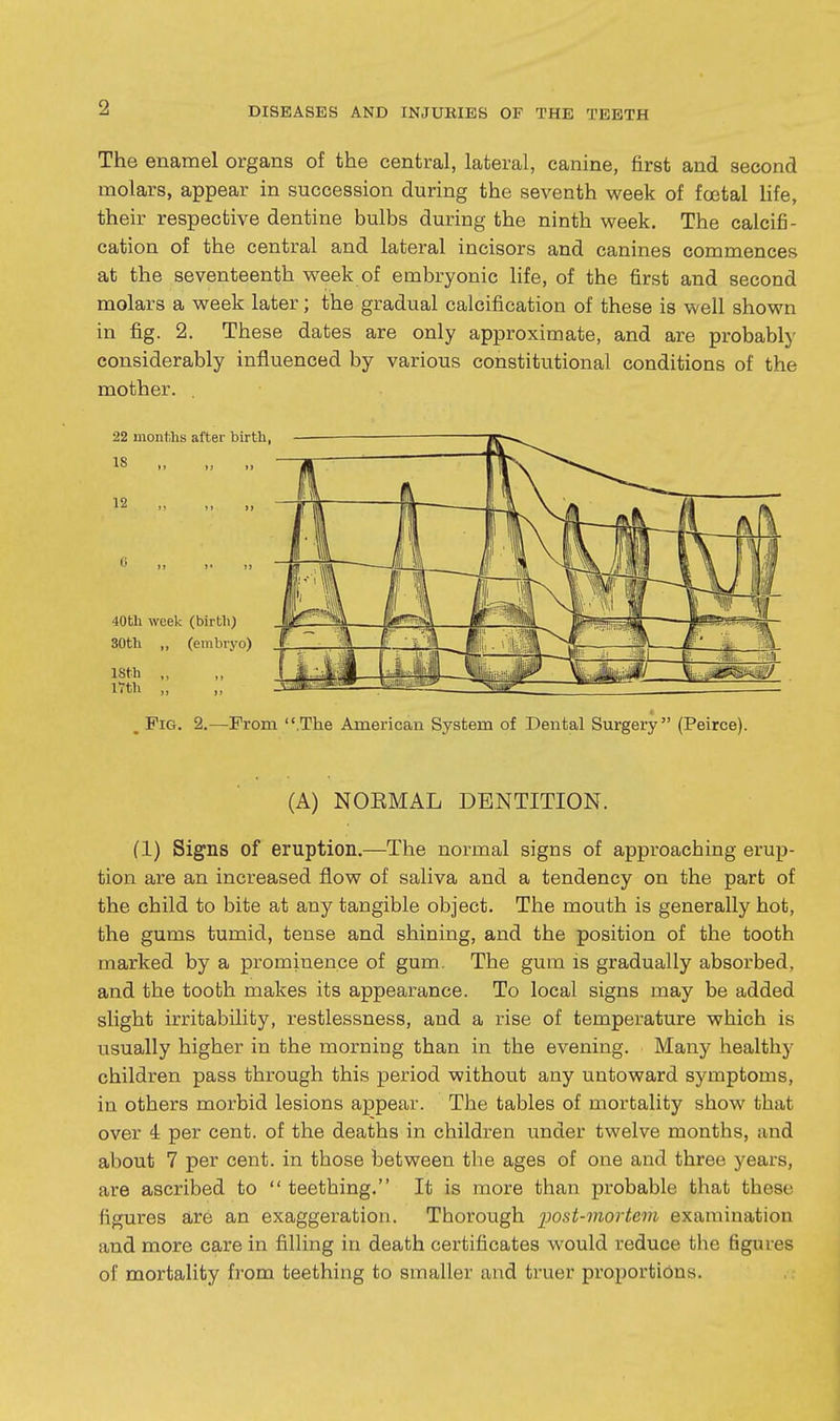 The enamel organs of the central, lateral, canine, first and second molars, appear in succession during the seventh week of fa3tal life, their respective dentine bulbs during the ninth week. The calcifi- cation of the central and lateral incisors and canines commences at the seventeenth week of embryonic Hfe, of the first and second molars a week later; the gradual calcification of these is well shown in fig. 2. These dates are only approximate, and are probably considerably influenced by various constitutional conditions of the mother. . _ Fig. 2.—From .The American System of Dental Surgery (Peirce). (A) NOEMAL DENTITION. (1) Signs of eruption.—The normal signs of approaching erup- tion are an increased flow of saliva and a tendency on the part of the child to bite at any tangible object. The mouth is generally hot, the gums tumid, tense and shining, and the position of the tooth marked by a prominence of gum. The gum is gradually absorbed, and the tooth makes its appearance. To local signs may be added slight irritability, restlessness, and a rise of temperature which is usually higher in the morning than in the evening. Many healthy children pass through this period without any untoward symptoms, in others morbid lesions appear. The tables of mortality show that over 4 per cent, of the deaths in children under twelve months, and about 7 per cent, in those between the ages of one and three years, are ascribed to  teething. It is more than probable that these figures are an exaggeration. Thorough post-mortem examination and more care in filling in death certificates would reduce the figures of mortality from teething to smaller and truer proportions.