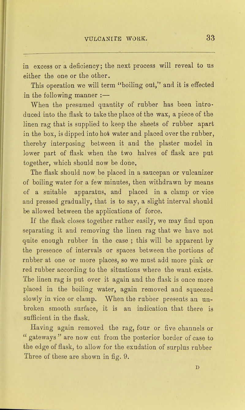 in excess or a deficiency; the next process will reveal to us either the one or the other. This operation we will term boiling out, and it is effected in the following manner :— When the presumed quantity of rubber has been intro- duced into the flask to take the place of the wax, a piece of the linen rag that is supplied to keep the sheets of rubber apart in the box, is dipped into hot water and placed over the rubber, thereby interposing between it and the plaster model in lower part of flask when the two halves of flask are put together, which should now be done. The flask should now be placed in a saucepan or vulcanizer of boiling water for a few minutes, then withdrawn by means of a suitable apparatus, and placed in a clamp or vice and pressed gradually, that is to say, a slight interval should be allowed between the applications of force. If the flask closes together rather easily, we may find upon separating it and removing the linen rag that we have not quite enough rubber in the case ; this will be apparent by the presence of intervals or spaces between the portions of rnbber at one or more places, so we must add more pink or red rubber according to the situations where the want exists. The linen rag is put over it again and the flask is once more placed in the boiling water, again removed and squeezed slowly in vice or clamp. When the rubber presents an un- broken smooth surface, it is an indication that there is sufficient in the flask. Having again removed the rag, four or five channels or  gateways  are now cut from the posterior border of case to the edge of flask, to allow for the exudation of surplus rubber Three of these are shown in fig. 9. D