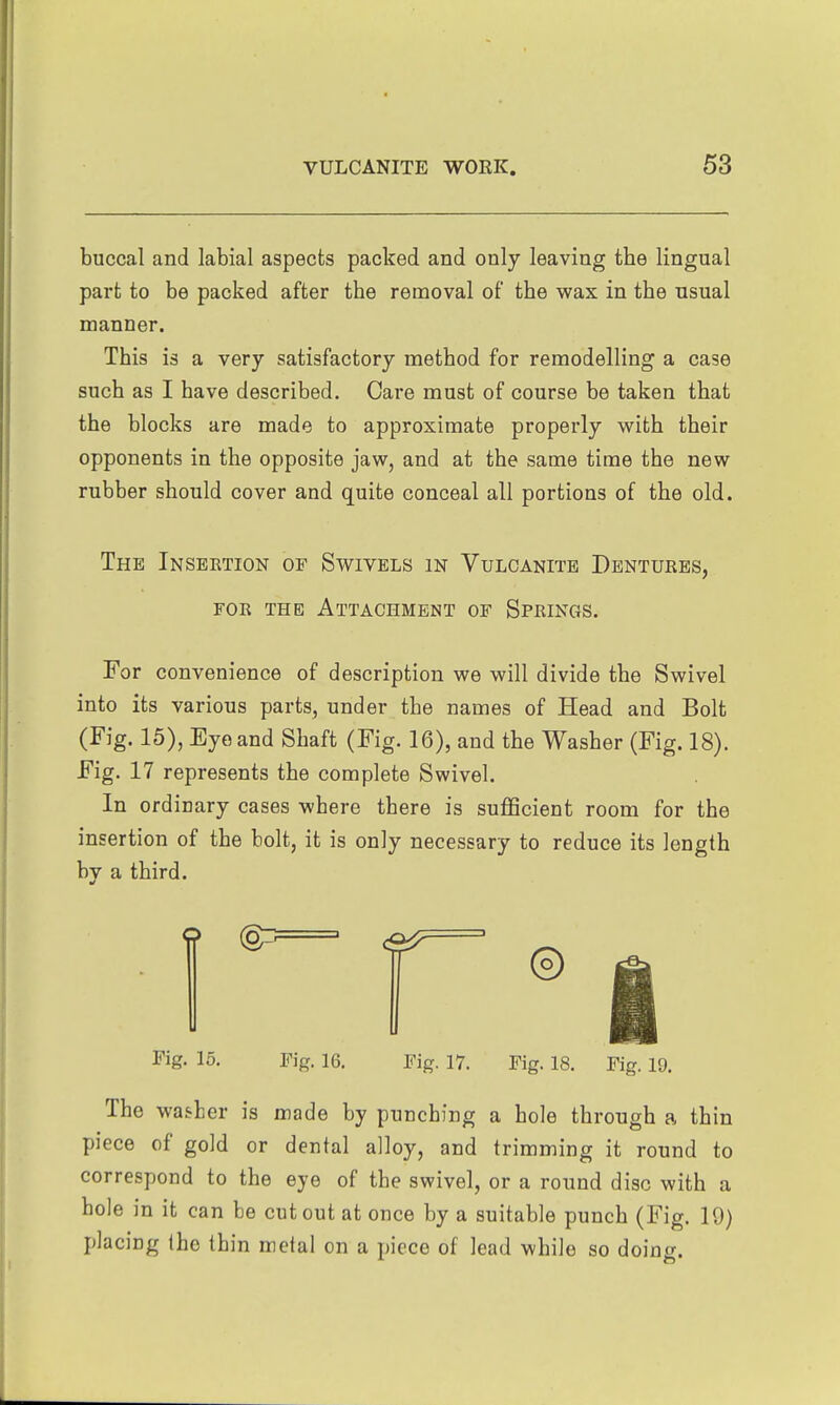 buccal and labial aspects packed and only leaving the lingual part to be packed after the removal of the wax in the usual manner. This is a very satisfactory method for remodelling a case such as I have described. Care must of course be taken that the blocks are made to approximate properly with their opponents in the opposite jaw, and at the same time the new rubber should cover and quite conceal all portions of the old. The Insektion of Swivels in Vulcanite Dentures, FOR THE Attachment of Springs. For convenience of description we will divide the Swivel into its various parts, under the names of Head and Bolt (Fig. 15), Eye and Shaft (Fig. 16), and the Washer (Fig. 18). Fig. 17 represents the complete Swivel. In ordinary cases where there is sufficient room for the insertion of the bolt, it is only necessary to reduce its length by a third. Fig. 15. Fig. 16. Fig. 17. Fig. 18. Fig. 19. The washer is made by punching a hole through a thin piece of gold or dental alloy, and trimming it round to correspond to the eye of the swivel, or a round disc with a hole in it can be cutout at once by a suitable punch (Fig. 19) placing the thin meial on a piece of lead while so doing.