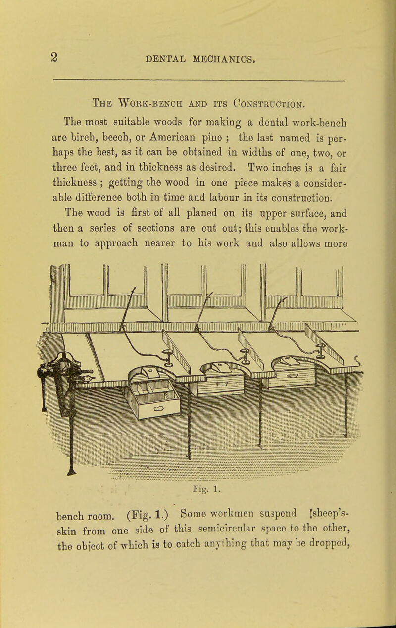 The Work-bench and its Construction. The most suitable woods for making a dental work-bench are birch, beech, or American pine ; the last named is per- haps the best, as it can be obtained in widths of one, two, or three feet, and in thickness as desired. Two inches is a fair thickness ; getting the wood in one piece makes a consider- able difference both in time and labour in its construction. The wood is first of all planed on its upper surface, and then a series of sections are cut out; this enables the work- man to approach nearer to his work and also allows more Pig. 1. bench room. (Fig* !•) Some workmen suspend Jsheep's- skin from one side of this semicircular space to the other, the obi'ect of which is to catch anylhing that may be dropped,
