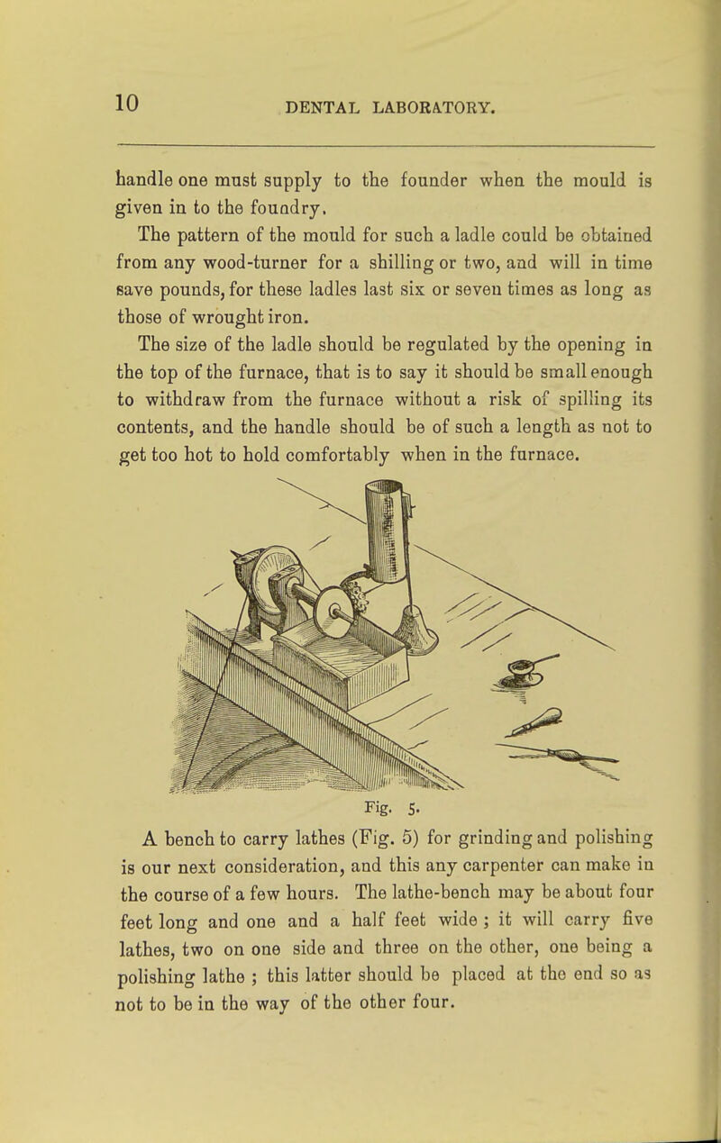 handle one must supply to the founder when the mould is given in to the foundry. The pattern of the mould for such a ladle could be obtained from any wood-turner for a shilling or two, and will in time save pounds, for these ladles last six or seven times as long as those of wrought iron. The size of the ladle should be regulated by the opening in the top of the furnace, that is to say it should be small enough to withdraw from the furnace without a risk of spilling its contents, and the handle should be of such a length as not to get too hot to hold comfortably when in the furnace. Fig. 5- A bench to carry lathes (Fig. 5) for grinding and polishing is our next consideration, and this any carpenter can make in the course of a few hours. The lathe-bench may be about four feet long and one and a half feet wide ; it will carry five lathes, two on one side and three on the other, one being a polishing lathe ; this latter should be placed at the end so as not to be in the way of the other four.