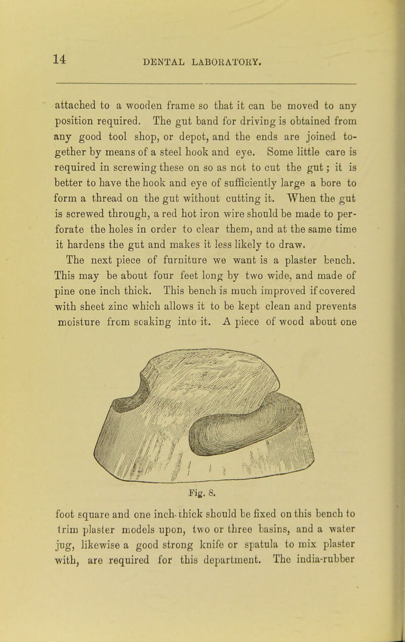 attached to a wooden frame so that it can be moved to any position required. The gut band for driving is obtained from any good tool shop, or depot, and the ends are joined to- gether by means of a steel hook and eye. Some little care is required in screwing these on so as net to cut the gut; it is better to have the hook and eye of sufficiently large a bore to form a thread on the gut without cutting it. When the gut is screwed through, a red hot iron wire should be made to per- forate the holes in order to clear them, and at the same time it hardens the gut and makes it less likely to draw. The next piece of furniture we want is a plaster bench. This may be about four feet long by two wide, and made of pine one inch thick. This bench is much improved if covered with sheet zinc which allows it to be kept clean and prevents moisture from soaking into it. A piece of wood about one Fig. 8. foot square and one inch-thick should be fixed on this bench to trim plaster models upon, two or three basins, and a water jug, likewise a good strong knife or spatula to mix plaster with, are required for this department. The india-rubber