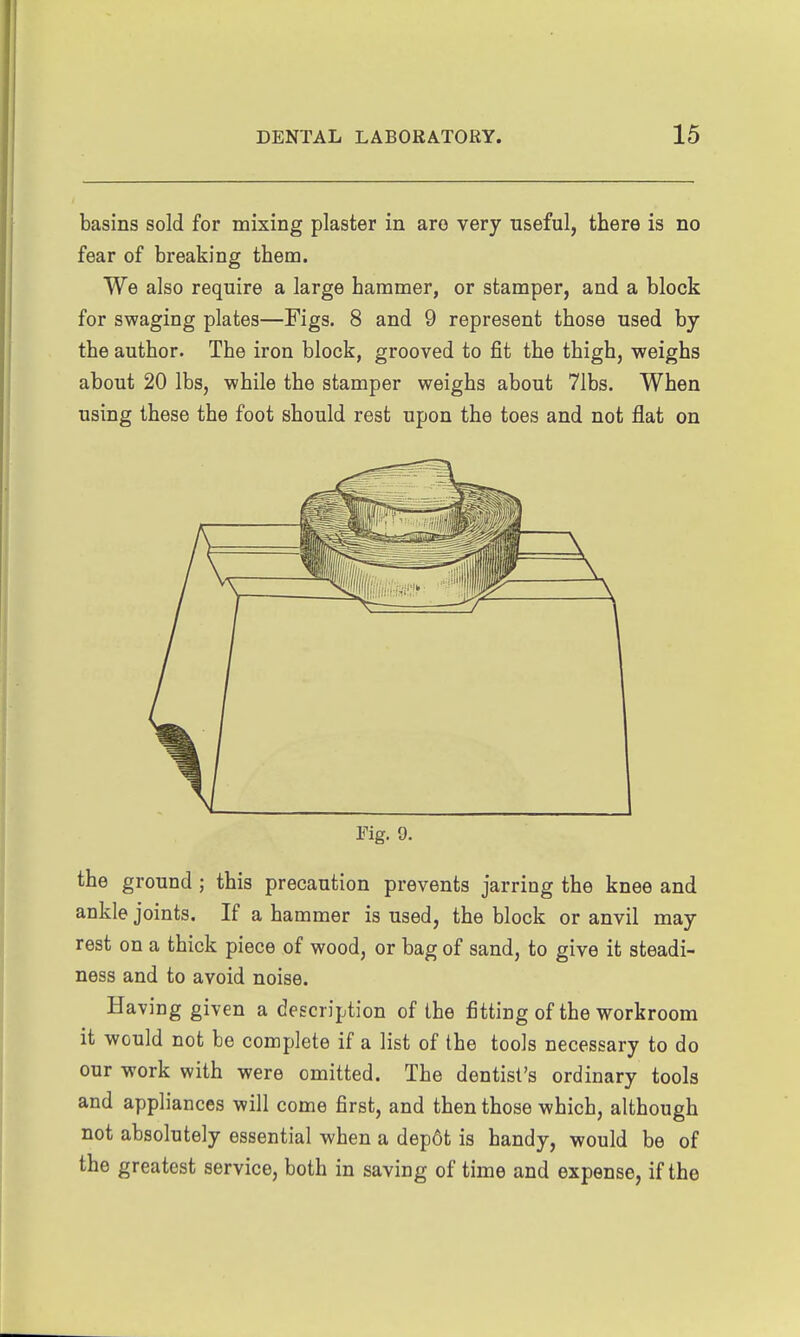 basins sold for mixing plaster in are very useful, there is no fear of breaking them. We also require a large hammer, or stamper, and a block for swaging plates—Figs. 8 and 9 represent those used by the author. The iron block, grooved to fit the thigh, weighs about 20 lbs, while the stamper weighs about 71bs. When using these the foot should rest upon the toes and not flat on Fig. 9. the ground; this precaution prevents jarring the knee and ankle joints. If a hammer is used, the block or anvil may rest on a thick piece of wood, or bag of sand, to give it steadi- ness and to avoid noise. Having given a description of the fitting of the workroom it would not be complete if a list of the tools necessary to do our work with were omitted. The dentist's ordinary tools and appliances will come first, and then those which, although not absolutely essential when a depot is handy, would be of the greatest service, both in saving of time and expense, if the
