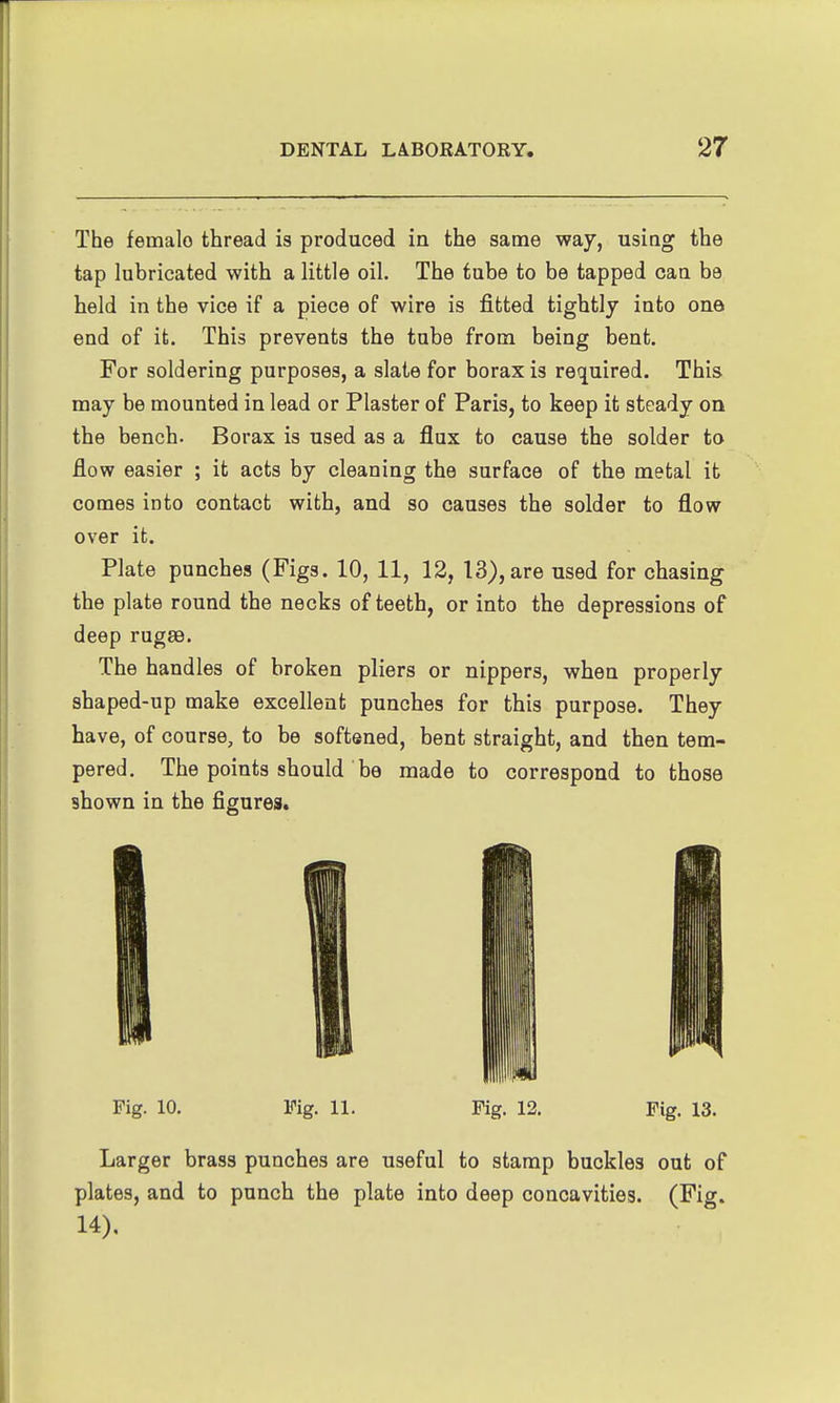 The female thread is produced in the same way, using the tap lubricated with a little oil. The tube to be tapped can be held in the vice if a piece of wire is fitted tightly into one end of it. This prevents the tube from being bent. For soldering purposes, a slate for borax is required. This may be mounted in lead or Plaster of Paris, to keep it steady on the bench. Borax is used as a flux to cause the solder to flow easier ; it acts by cleaning the surface of the metal it comes into contact with, and so causes the solder to flow over it. Plate punches (Figs. 10, 11, 12, 13),are used for chasing the plate round the necks of teeth, or into the depressions of deep rugae. The handles of broken pliers or nippers, when properly shaped-up make excellent punches for this purpose. They have, of course, to be softened, bent straight, and then tem- pered. The points should be made to correspond to those shown in the figures. Fig. 10. Fig. 11. Fig. 12. Fig. 13. Larger brass punches are useful to stamp buckles out of plates, and to punch the plate into deep concavities. (Fig. 14).