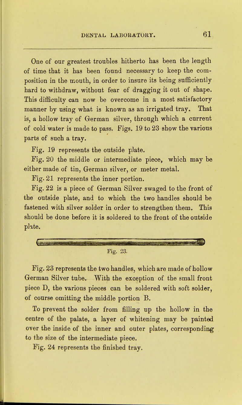 One of our greatest troubles hitherto has been the length of time that it has been found necessary to keep the com- position in the mouth, in order to insure its being sufficiently hard to withdraw, without fear of dragging it out of shape. This difficulty can now be overcome in a most satisfactory manner by using what is known as an irrigated tray. That is, a hollow tray of German silver, through which a current of cold water is made to pass. Figs. 19 to 23 show the various parts of such a tray. Fig. 19 represents the outside plate. Fig. 20 the middle or intermediate piece, which may be either made of tin, German silver, or meter metal. Fig. 21 represents the inner portion. Fig. 22 is a piece of German Silver swaged to the front of the outside plate, and to which the two handles should be fastened with silver solder in order to strengthen them. This should be done before it is soldered to the front of the outside plate. Fig. 23. Fig. 23 represents the two handles, which are made of hollow German Silver tube. With the exception of the small front piece D, the various pieces can be soldered with soft solder, of course omitting the middle portion B. To prevent the solder from filling up the hollow in the centre of the palate, a layer of whitening may be painted over the inside of the inner and outer plates, corresponding to the size of the intermediate piece. Fig. 24 represents the finished tray.