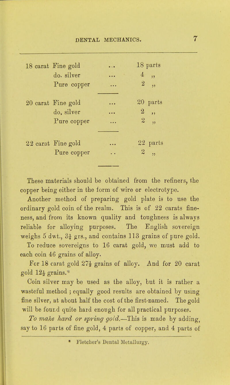 18 carat Fine gold ... 18 parts do. silver ... 4 Pure copper ... 2 „ 20 carat Fine gold ... 20 parts do, silver ... 2 Pure copper ... 2 „ 22 carat Fine gold ... 22 parts Pure copper .. 2 „ These materials should be obtained from the refiners, the copper being either in the form of wire or electrotype. Another method of preparing gold plate is to use the ordinary gold coin of the realm. This is of 22 carats fine- ness, and from its known quality and toughness is always reliable for alloying purposes. The English sovereign weighs 5 dwt., 3j grs., and contains 113 grains of pure gold. To reduce sovereigns to 16 carat gold, we must add to each coin 46 grains of alloy. For 18 carat gold 27^ grains of alloy. And for 20 carat gold 12^ grains.* Coin silver may be used as the alloy, but it is rather a wasteful method ; equally good results are obtained by using fine silver, at about half the cost of the first-named. The gold will be foutd quite hard enough for all practical purposes. To make hard or spring gold.—This is made by adding, say to 16 parts of fine gold, 4 parts of copper, and 4 parts of Fletcher's Dental Miitalliirgy.