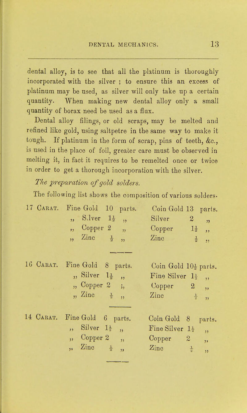 dental alloy, is to see that all the platinum is thoroughly- incorporated with the silver ; to ensure this an excess of platinum may be used, as silver will only take up a certain quantity. When making new dental alloy only a small quantity of borax need be used as a flux. Dental alloy filings, or old scraps, may be melted and refined like gold, using saltpetre in the same way to make it tough. If platinum in the form of scrap, pins of teeth, &c., is used in the place of foil, greater care must be observed in melting it, in fact it requires to be remelted once or twice in order to get a thorough incorporation with the silver. The 2>reparatio7i of gold solders. The following list shows the composition of various solders. 17 Carat. Fine Gold 10 parts. Coin Gold 13 paris. „ SJver li „ Silver 2 „ „ Copper 2 „ Copper IJ „ „ Zinc i „ Zinc ^ „ 16 Carat. Fine Gold 8 parts. Coin Gold 10^- parts. „ Silver 1^ „ Fine Silver 1| „ „ Copper 2 Copper 2 „ )j Zinc i „ Zinc i „ U Carat. Fine Gold 6 parts. Coin Gold 8 parts. „ Silver 1^ „ Fine Silver U „ „ Copper 2 „ Copper 2 „ „ Zinc i „ Zinc ^ „