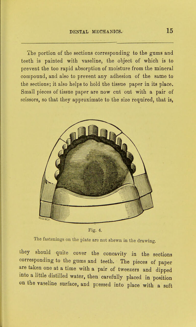 The portion of the sections corresponding to the gums and teeth is painted with vaseline, the object of which is to prevent the too rapid absorption of moisture from the mineral compound, and also to prevent any adhesion of the same to the sections; it also helps to hold the tissue paper in its place. Small pieces of tissue paper are now cut out with a pair of scissors, so that they approximate to the size required, that is, Fig. 4. The fastenings on the plate are not shewn in the drawing. they should quite cover the concavity in the sections corresponding to the gums and teeth. The pieces of paper are taken one at a time with a pair of tweezers and dipped into a little distilled water, then carefully placed in position on the vaseline surface, and pressed into place with a soft