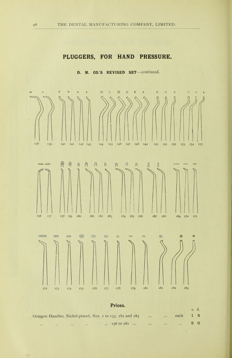 PLUGGERS, FOR HAND PRESSURE. D. M. CO.'S REVISED SET—continued. Prices. s. d. Octagon Handles, Nickel-plated, Nos. i to 155, 182 and 183 ... ... each 1 6 ,, 156 to 181 ... ... ... ,, 2 0