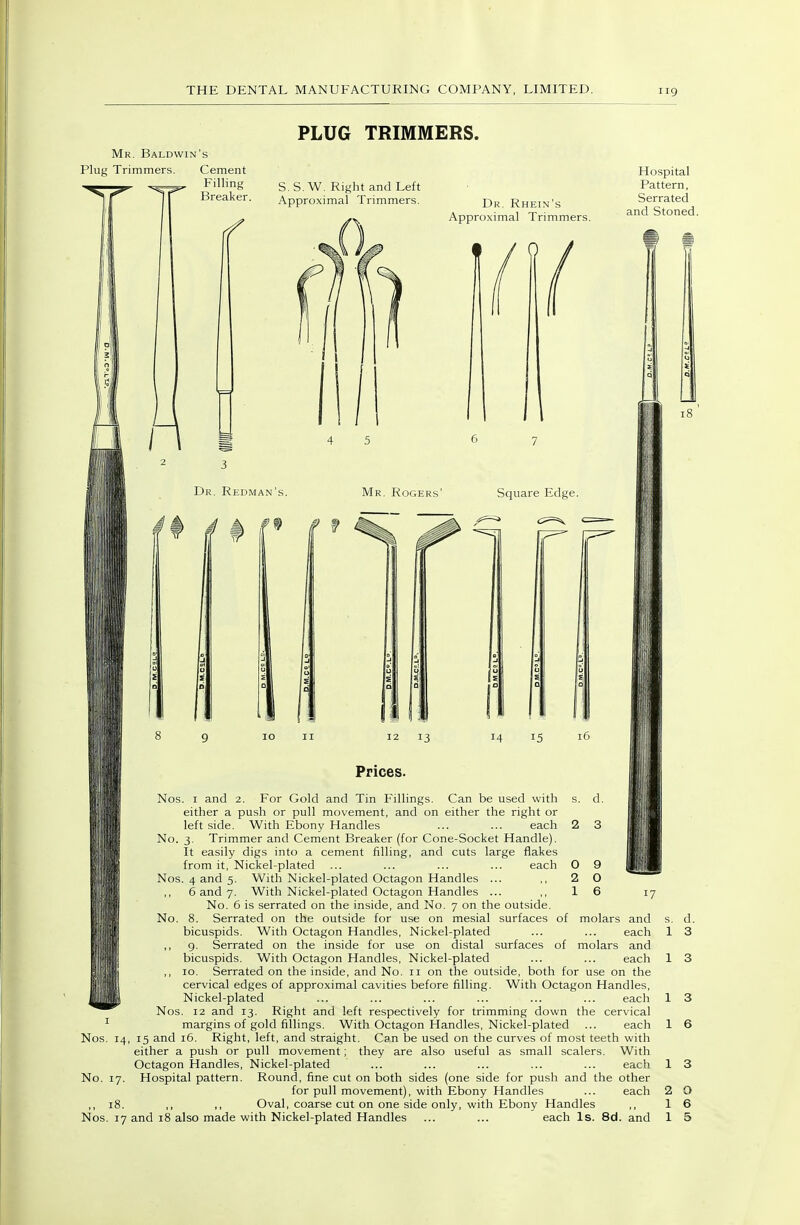 PLUG TRIMMERS. Mr. Baldwin's Plug Trimmers. Cement Filling Breaker. S. S. W. Right and Left Approximal Trimmers. Dr. Rhein's Approximal Trimmers. Hospital Pattern, Serrated and Stoned. Li Dr. Redman's. Mr. Rogers' Square Edge. 10 II 12 13 14 15 16 Prices. Nos. I and 2. For Gold and Tin Fillings. Can be used with s. d. either a push or pull movement, and on either the right or left side. With Ebony Handles ... ... each 2 3 No. 3. Trimmer and Cement Breaker (for Cone-Socket Handle). It easily digs into a cement filling, and cuts large flakes from it, Nickel-plated ... ... ... ... each ||| _ Nos. 4 and 5. With Nickel-plated Octagon Handles ... ,, 2 0 ,, 6 and 7. With Nickel-plated Octagon Handles ... ,,16 17 No. 6 is serrated on the inside, and No. 7 on the outside. No. 8. Serrated on the outside for use on mesial surfaces of molars and s. d. bicuspids. With Octagon Handles, Nickel-plated ... ... each 1 3 ,, g. Serrated on the inside for use on distal surfaces of molars and bicuspids. With Octagon Handles, Nickel-plated ... ... each 1 3 ,, 10. Serrated on the inside, and No. 11 on the outside, both for use on the cervical edges of approximal cavities before filling. With Octagon Handles, Nickel-plated ... ... ... ... ... ... each 1 3 Nos. 12 and 13. Right and left respectively for trimming down the cervical ■■■ margins of gold fillings. With Octagon Handles, Nickel-plated ... each 1 6 Nos. 14, 15 and 16. Right, left, and straight. Can be used on the curves of most teeth with either a push or pull movement; they are also useful as small scalers. With Octagon Handles, Nickel-plated ... ... ... ... ... each 1 3 No. 17. Hospital pattern. Round, fine cut on both sides (one side for push and the other for pull movement), with Ebony Handles ... each 2 O ,, 18. ,, ,, Oval, coarse cut on one side only, with Ebony Handles ,, 16 Nos. 17 and 18 also made with Nickel-plated Handles ... ... each Is. 8d. and 1 5