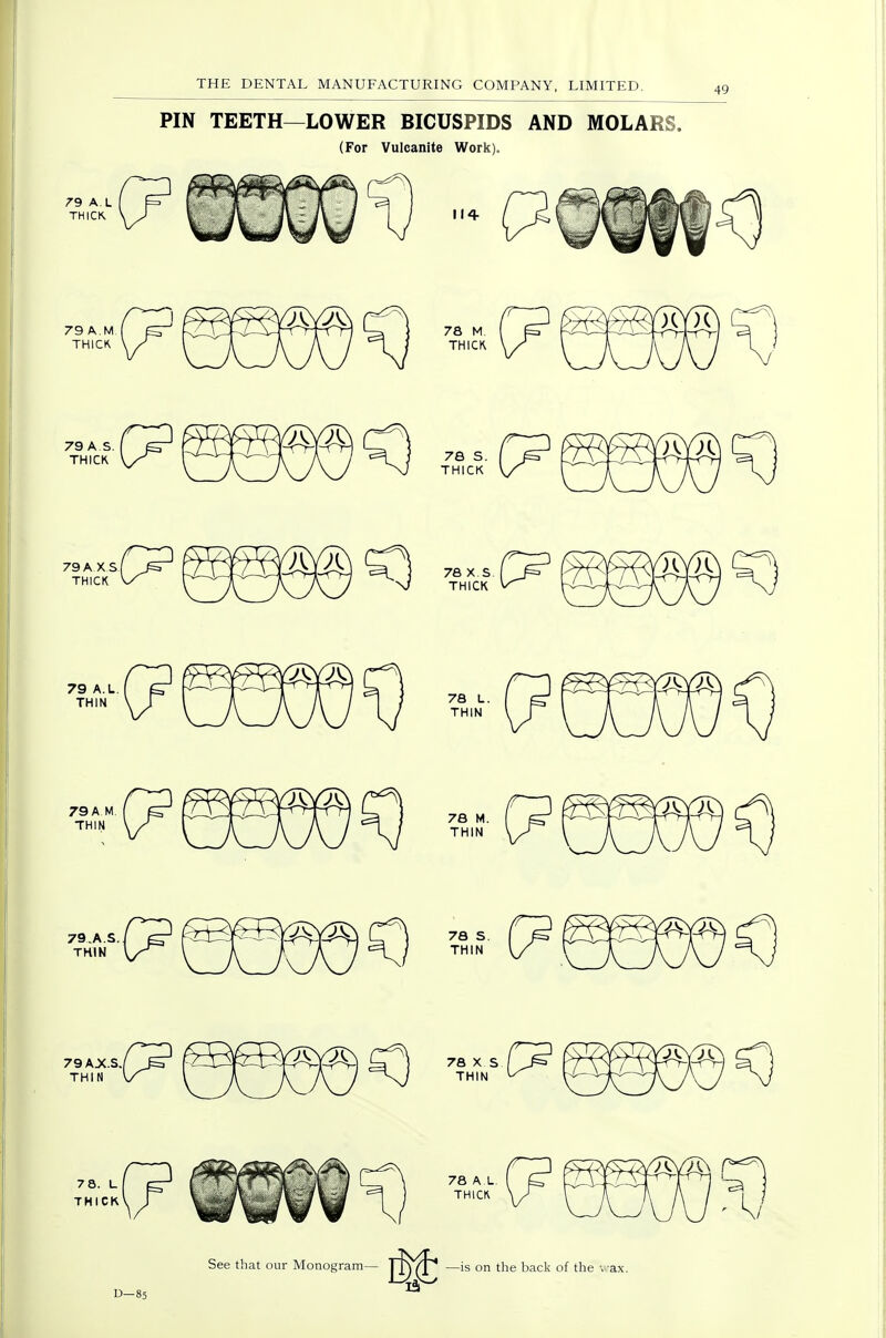 PIN TEETH—LOWER BICUSPIDS AND MOLARS. (For Vulcanite Work). D-85