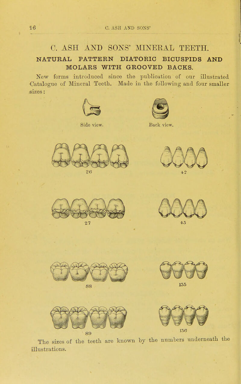 0. ASH AND SONS' MINERAL TEETH. NATURAL PATTERN DIATORIC BICUSPIDS AND MOLARS WITH GROOVED BACKS. New forms introduced since the publication of oui- illustrated ■Catalogue of Mineral Teeth. Made in the following and four smaller .sizes: Side view. Back view. The sizes of the teeth are known by the numbers underneath illustrations.
