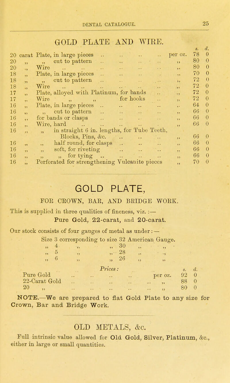 GOLD PLATE AND WIRE. 20 carat Plate, in large pieces 20 ,, „ cut to pattern 20 ., Wire 18 „ Plate, in large pieces 18 „ „ cut to pattern 18 „ Wire 17 „ Plate, alloyed with Platinum, for bands 17 „ Wire „ „ for hooks 16 „ Plate, in large pieces .. 16 „ ,, cut to pattern 16 ,, for bands or clasps 16 „ Wire, hard 16 „ „ in straight 6 in. lengths, for Tube Teeth, Blocks, Pins, &c. 16 „ ,, half round, for clasps 16 „ „ soft, for riveting 16 „ „ „ for tying 16 „ Perforated for strengthening Vulcanite pieces per oz. s. d. 78 0 80 0 80 0 70 0 72 0 72 0 72 0 72 0 64 0 66 0 66 0 66 0 66 0 66 0 66 0 66 0 70 0 GOLD PLATE, FOE CEOWN, BAE, AND BRIDGE WOEK. This is supplied in three qualities of fineness, viz. :— Pure Gold, 22-carat, and 20-carat. Our stock consists of four gauges of metal as under: — Size 3 corresponding to size 32 American Gauge. M 5 1) »> 28 ,, ., i> 6 ,, ,, 26 ,, ,, Prices: s. d. Pure Gold .. per oz. 92 0 22-CaTatGold „ 88 0 20 „ „ 80 0 NOTE.—We are prepared to flat Gold Plate to any size for Crown, Bar and Bridge Work. OLD METALS, &c. Full intrinsic value allowed for Old Gold, Silver, Platinum, &c., either in large or small quantities.