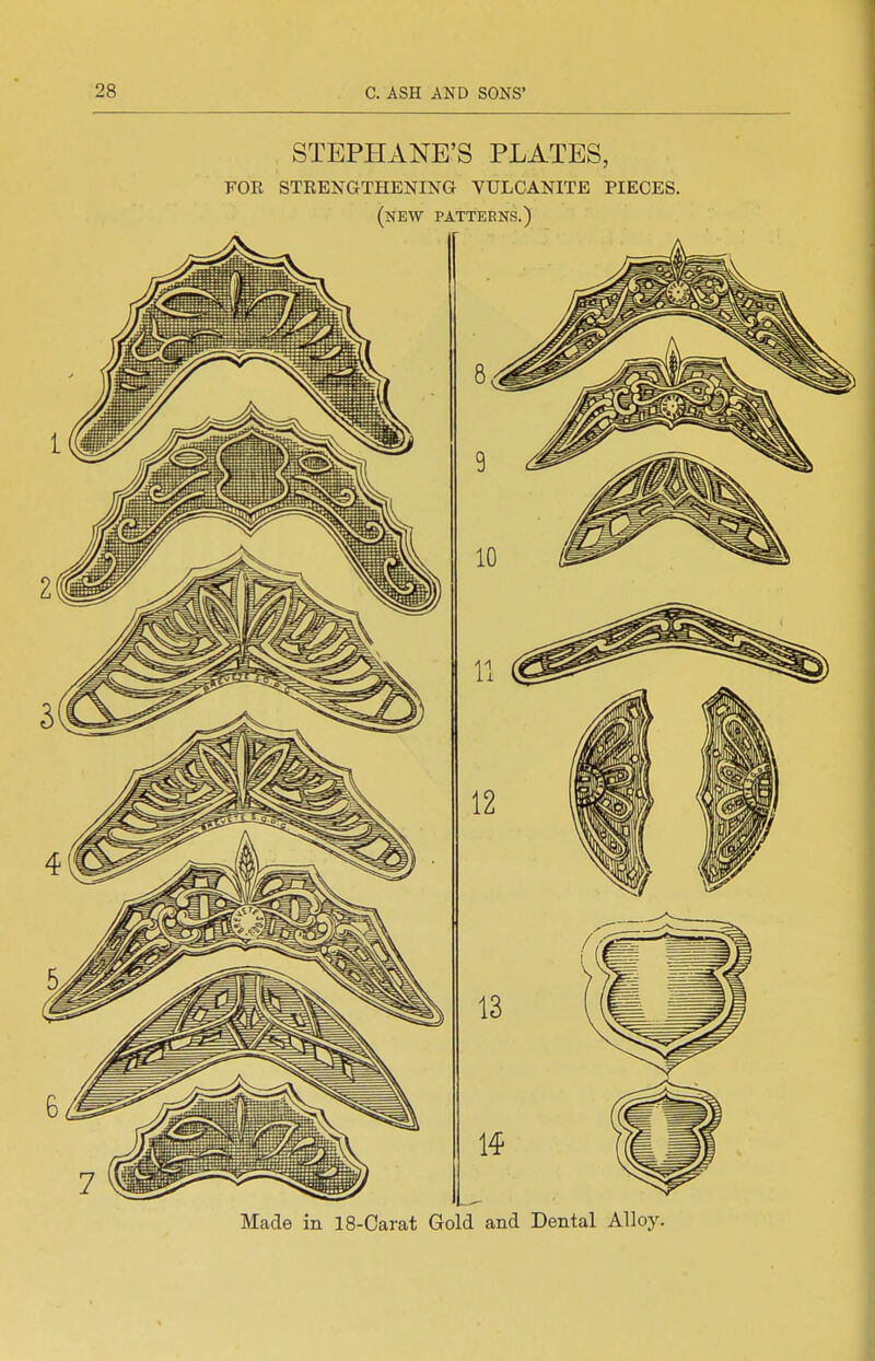 STEPHANE'S PLATES, FOR STRENGTHENING VULCANITE PIECES. (new patterns.) Made in 18-Carat Gold and Dental Alloy.