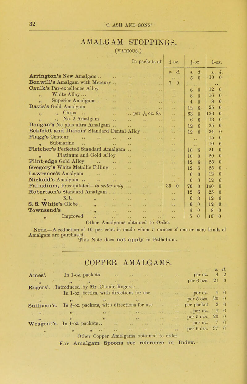 AMALGAM STOPPINGS. (various.) In pftckets of 1. OZ. J-oz. J. OZ. s. d. 8. d. 8, d. Arrington's New Amalgam.. 5 0 10 0 Bonwill's Amalgam ■with Mercury .. 7 0 • Caulk's Par-excellence Alloy 0 0 12 0 „ White Alloy 8 0 16 0 „ Superior Amalgam .... 4 0 8 0 Davis's Gold Amalgam 12 6 25 0 „ „ Chips per ^i, oz. 8s. 63 0 126 0 „ „ No. 2 Amalgam 6 6 13 0 Dougan's Ne plus ultra Amalgam .. 12 6 25 0 Eckfeldt and Dubois' Standard Dental Alloy .. 12 0 24 0 Flagg's Contour 15 0 „ Submarine 10 6 Fletcher's Perfected Standard Amalgam .. 10 6 21 0 „ Platinum and Gold Alloy 10 0 20 0 Flint-edga Gold Alloy • 12 6 25 0 Gregory's White Metallic Filling .. 12 6 25 0 . Lawrence's Amalgam 6 0 12 0 Nickold's Amalgam .. 6 3 12 6 Palladium, Prajcipitated—to order only .. 35 0 70 0 140 0 Robertson's Standard Amalgam .. 12 6 25 0 „ X.L. „ 6 8 12 6 S. S. White's Globe „ 6 0 12 0 Townsend's „ 4 0 8 0 „ Improved „ 5 0 10 0 Other Amalgams obtained to Order. Note.—A reduction of 10 per cent, is made when 5 ounces of one or more kinds of Amalgam are purchased. This Note does not apply to Palladium. COPPEE AMALGAMS. 8. d. Ames'. In 1-oz. packets per oz. 4 2 „ » )> • • per 6 ozs. 21 0 Rogers'. Introduced by Mr. Claude Rogers: In 1-oz. bottles, with directions for use per OZ. 4 6 >i » » per 5 ozs. '20 0 Sullivan's. In ^-oz. packets, witli directions for use .. per packet 2 6 „ » X  per OZ. 4 6 ,1 5>   per 5 ozs. 20 0 Weagent's. In 1-oz. packets.. .. per OZ. 7 G )) )i • • per 0 ozs. 37 G Other Copper Amalgams obtained to order. For Amalgam Spoons see reference in Index.