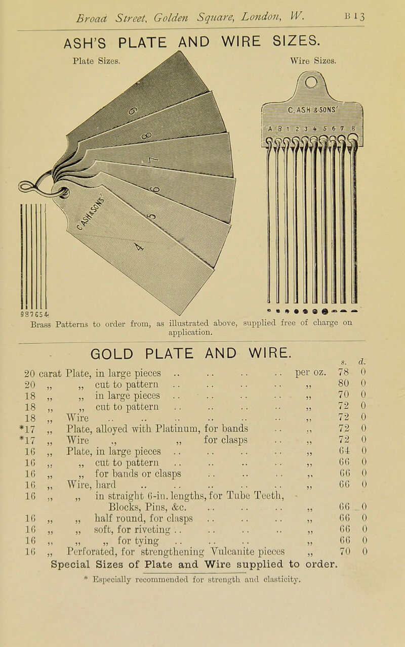 ASH'S PLATE AND WIRE SIZES. Plate Sizes. .^llllk Wire Sizes- Brass Patterns to order from, as illustrated above, supplied free of charge on application. GOLD PLATE AND WIRE. 20 carat Plate, in large pieces .. per oz. 78 0 20 „ „ cut to pattern 55 80 0 18 „ „ in large pieces .. .. 55 70 0 18 „ ,, cut to pattern 55 72 0 18 „ Wire ?! 72 0 *17 „ Plate, alloyed with Platinum, for bands •5 72 0 •17 „ Wire ., „ for clasps Plate, in large pieces .. 55 72 0 16 „ 55 64 0 16 „ „ cut to pattern 55 66 0 16 „ „ for bands or clasps 5< 66 0 16 „ Wire, hard 55 66 0 16 „ „ in straight 6-in. lengths, for Tube Teeth, Blocks, Pins, &c. 55 66 0 16 „ „ half round, for clasps 55 66 0 16 „ „ soft, for riveting .. 55 66 0 16 „ „ for tying 55 66 0 16 „ Perforated, for strengthening Vulcanite pieces 55 70 0 Special Sizes of Plate and Wire supplied to order. * Especially recommended for strength and elasticity.