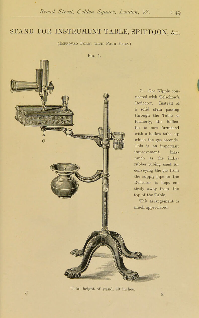 STAND FOR INSTRUMENT TABLE, SPITTOON, &c. (Imi'koved Form, with Four Feet.) Fig. 1. C.—Gas Nipple con- nected with Telschow's Reflector. Instead of a solid stem passing through the Table as formerly, the Reflec- tor is now furnished with a hollow tube, up which the gas ascends. This is an important improvement, inas- much as the india- rubber tubing used for conveying the gas from the supply-pipe to the Reflector is kept en- tirely away from the top of the Table. This arrangement is much appreciated. C