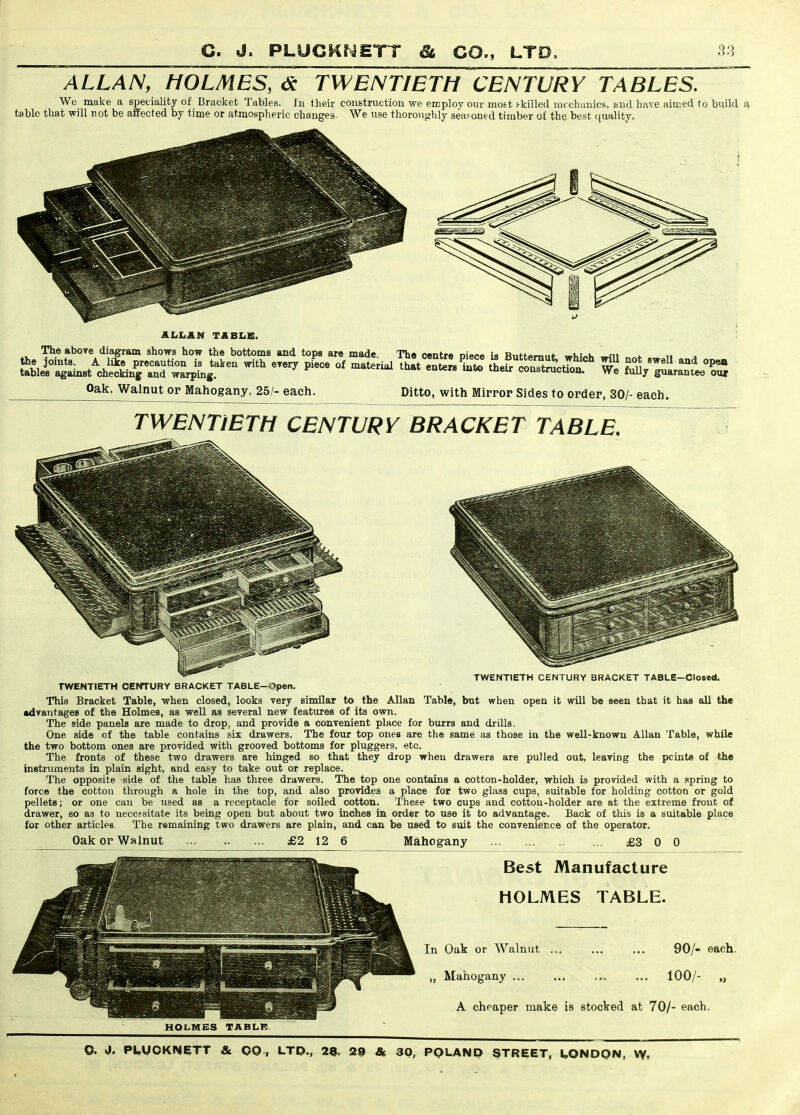 ALLAN, HOLMES, <5c TWENTIETH CENTURY TABLES. We make a speciality of Bracket Tables. In their construction we employ our mott s-killed uirchimics, and have aimed to build £v tabic that will not be affected by time or atmospheric changes- We use thorou<^hly seafoned timber of the best quality, ALLAN TABLB. The aboTe diagram shows how the bottoms and tops are made The centre niece is Rntt^imiii- ^w,^y. * n ^ Oak, Walnut or Mahogany, 25/- each. Ditto, with Mirror Sides to order, 30/- eaeh. TWENTIETH CENTURY BRACKET TABLE. TWENTIETH CENTURY BRACKET TABLE—Closed. TWENTIETH CENTURY BRACKET TABLE-Open. This Bracket Table, when closed, looks very similar to the Allan Table, bnt when open it will be seen that it has all the advantages of the Holmes, as well as several new features of its own. The side panels are made to drop, and provide a convenient place for burrs and drills. One side of the table contains six drawers. The four top ones are the same as those in the well-known A.llan Table, while the two bottom ones are provided with grooved bottoms for pluggers, etc. The fronts of these two drawers are hinged so that they drop when drawers are pulled out, leaving the pcinta of the instruments in plain sight, and easy to take out or replace. The opposite side of the table has three drawers. The top one contains a cotton-holder, which is provided with a spring to force the cotton through a hole in the top, and also provides a place for two glass cups, suitable for holding cotton or gold pellets; or one can be used as a receptacle for soiled cotton. These two cups and cotton-holder are at the extreme front of drawer, so as to necessitate its being open but about two inches in order to use it to advantage. Back of this is a suitable place for other articles. The remaining two drawers are plain, and can be used to suit the convenierce of the operator. Oalc OP Walnut £2 12 6 Mahogany £3 0 0 Best Manufacture HOLMES TABLE. In Oak or Walnut 90/- each. „ Mahogany 100/- „ A chpaper make is stocked at 70/- each. HOLMBS TABLB