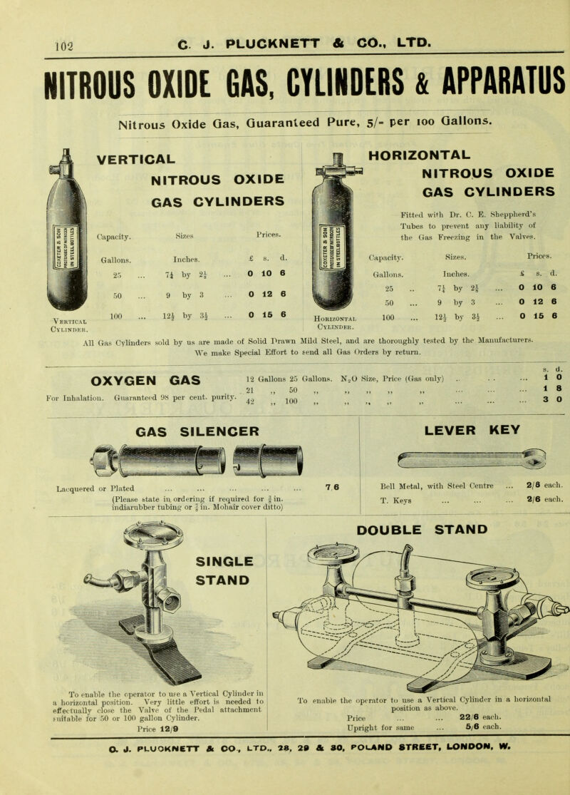 NITROUS OXIDE OAS. CYLINDEBS & APPARATUS Nitrous Oxide Gas, Guaranteed Pure, 5/- per 100 Gallons. VERTICAL NITROUS OXIDE GAS CYLINDERS Vertical cvlinper. Capacity. Gallons. 25 50 100 Sizes Inches. 74 by 2i 9 by 3 12^ by 3^ Prices. £ s. d. 0 10 6 0 12 6 0 15 6 HORIZONTAL NITROUS OXIDE GAS CYLINDERS Fitted with Dr. C. E. Sheppherd's Tubes to prevent any liability of the Gas Freezing in the Valves. HOKIZONTAL ClLINDEK. Capacity. Sizes. Prices. Gallons. Inches £ s. d. 25 H by 0 10 6 .50 9 by 3 0 12 6 100 12^ by 0 IS 6 All Gas Cylinders sold by us are made of Solid Prawn Mild Steel, and are thoroughly tested by the Manufacturers. We make Special Effort to send all Gas Orders by return. OXYGEN GAS For Inhalation. Guaranteed 98 per cent, purity. ^.^ 12 Gallons 25 Gallons. NoO Size, Price (Gas only) 21 ,, 50 100 s. d. 1 0 1 8 3 0 GAS SILENCER Lacquered or Plated (Please btate in ordering if required for fin. indiarubber tubing or I in. Mohair cover ditto) 7 6 LEVER KEY Bell Metal, with Steel Centre T. Keys 2/8 each. 2/6 each. SINGLE STAND To enable the operator to ufe a Vertical Cylinder in a horizontal position. Very little effort is needed to efTectually close the Valve of the Pedal attachment tuitable for .50 or 100 gallon Cylinder. Price 12/9 DOUBLE STAND To enable the operator to use a Vertical Cylinder in a horizontal position as above. Price ... ... 22/6 each. Upright for same ... S/6 each.