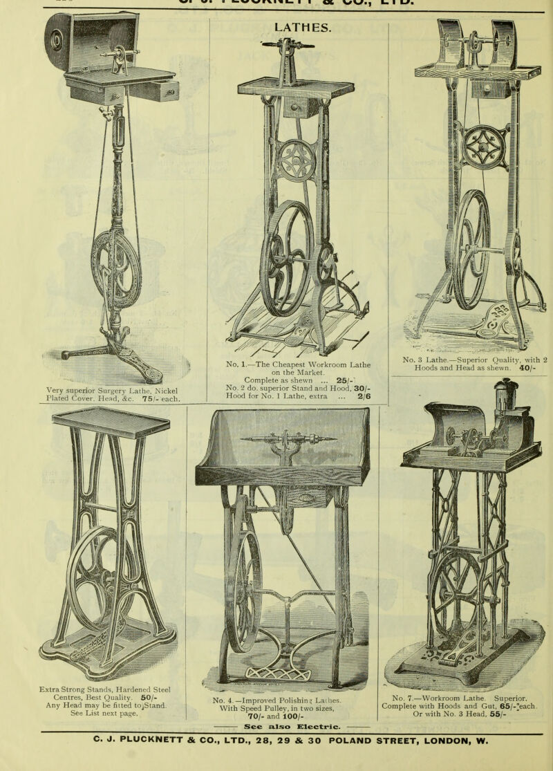 LATHES. Very superior Surgerj- Lathe, Nickel Plated Cover. Head, &c. 75/- each. No. 1.—The Cheapest Workroom Lathe on the Market. Complete as shewn ... 25/-' No. 2 do. superior Stand and Hood, 30/- Hood for No. 1 Lathe, extra ... 2/6 Extra Strong Stands, Hardened Steel Centres, Best Quality. 50/- Any Head may be fitted to^Stand. See List next page. No. 4.—Improved Polishin? Lathes. With Speed Pulley, in two sizes, 70/- and 100/- ■— See also Electric. No. 3 Lathe.—Superior Quality, with 2 Hoods and Head as shewn. 40/- No. 7.—Workroom Lathe. Superior. Complete with Hoods and Gut, 65/-'each. Or with No. 3 Head, 55/-