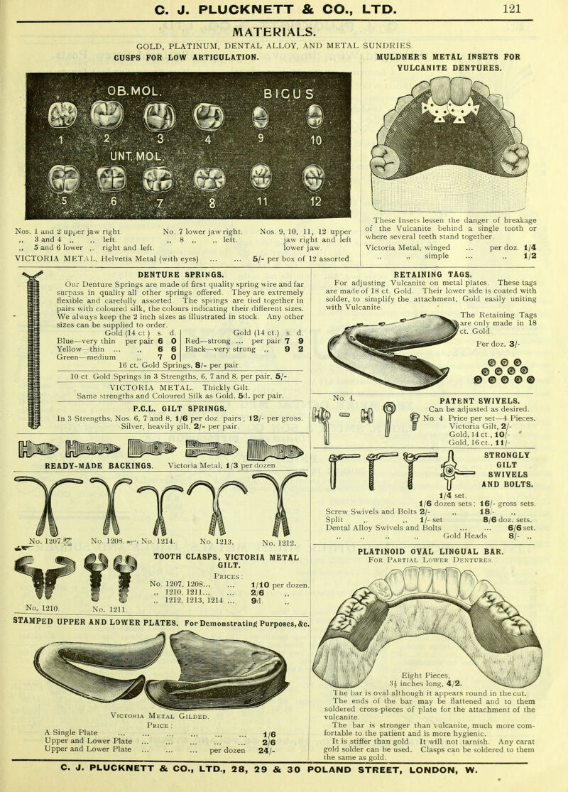 MATERIALS. GOLD, PLATINUM, DENTAL ALLOY, AND METAL SUNDRIES. CUSPS FOR LOW ARTICULATION. MULDNER S METAL INSETS FOR VULCANITE DENTURES. Nos. 1 and 2 upyer jaw right. ,, 3 and 4 ,, ,, left. ,, 8 ,, 5 and 6 lower ,. right and left. VICTORIA METAL, Helvetia Metal (with eyes) No. 7 lower jaw right. ., 8 ,, „ left. Nos. 9, 10, 11, 12 upper jaw right and left lower jaw. 5/- per box of 12 assorted These Insets lessen the danger of breakage of the Vulcanite behind a single tooth or where several teeth stand together. Victoria Metal, winged ... per doz. 1/4 simple ... ,, 1/2 DENTURE SPRINGS. Our Denture Springs are made of first quality spring wire and far surpass in quality all other springs offered. They are extremely flexible and carefully assorted. The springs are tied together in pairs with coloured silk, the colours indicating their different sizes. We always keep the 2 inch sizes as illustrated in stock. Any other sizes can be supplied to order. Gold (14 ct ) s. d. Blue—very thin per pair 6 0 Yellow—thin 6 6 Green—medium ,, 7 0 Gold (14 ct.) £ d. Red—strong ... per pair 7 9 Black—very strong ,, 9 2 16 ct. Gold Springs, 8/- per pair. 10 ct. Gold Springs in 3 Strengths, 6, 7 and 8. per pair, 5/- VICTORIA METAL. Thickly Gilt. Same strengths and Coloured Silk as Gold, 5d. per pair. P.C.L. GILT SPRINGS. In 3 Strengths, Nos. 6, 7 and 8, 1/6 per doz. pairs ; 12/- per gross. Silver, heavily gilt, 2/- per pair. READY-MADE BACKINGS. Victoria Metal, 1/3 per dozen. No. VMl.^. No. 1213, No. 1212. TOOTH CLASPS, VICTORIA METAL GILT. No. 1210. Prices : No. 1207, 1208 1/10 per dozen ,, 1210, 1211 2/6 „ 1212, 1213, 1214 ... 9d. No. 1211. STAMPED UPPER AND LOWER PLATES. For Demonstrating Purposes, &c RETAINING TAGS. For adjusting Vulcanite on metal plates. These tags are made of 18 ct. Gold. Their lower side is coated with solder, to simplify the attachment. Gold easily uniting with Vulcanite. The Retaining Tags are only made in 18 ct. Gold. Per doz. 3/- © © © © © ® ® © © © © 0 PATENT SWIVELS. Can be adjusted as desired. O No. 4 Price per set—4 Pieces. Victoria Gilt, 2/- Gold, 14ct.,10/- * Gold, 16ct., 11/- STRONGLY GILT SWIVELS AND BOLTS. 1/4 set. 1/6 dozen sets; 16/- gross sets. Screw Swivels and Bolts 2/- ,, 18/- Split ,. ,, 1/-set 8/6 doz. sets. Dental Alloy Swivels and Bolts ... ... 6/6set. Gold Heads 8/- .. PLATINOID OVAL LINGUAL BAR. For Partial Lower Dentures, ViCTouiA Metal Gilded. Price ; A Single Plate Upper and Lower Plate Upper and Lower Plate ... ... ... per dozen 1/6 2/6 24/- Ihe bar is oval although it appears round in the cut. The ends of the bar may be flattened and to them soldered cross-pieces of plate for the attachment of the vulcanite. The bar is stronger than vulcanite, much more com- fortable to the patient and is more hygienic. It is stiffer than gold. It will not tarnish. Any carat gold solder can be used. Clasps can be soldered to them the same as gold.